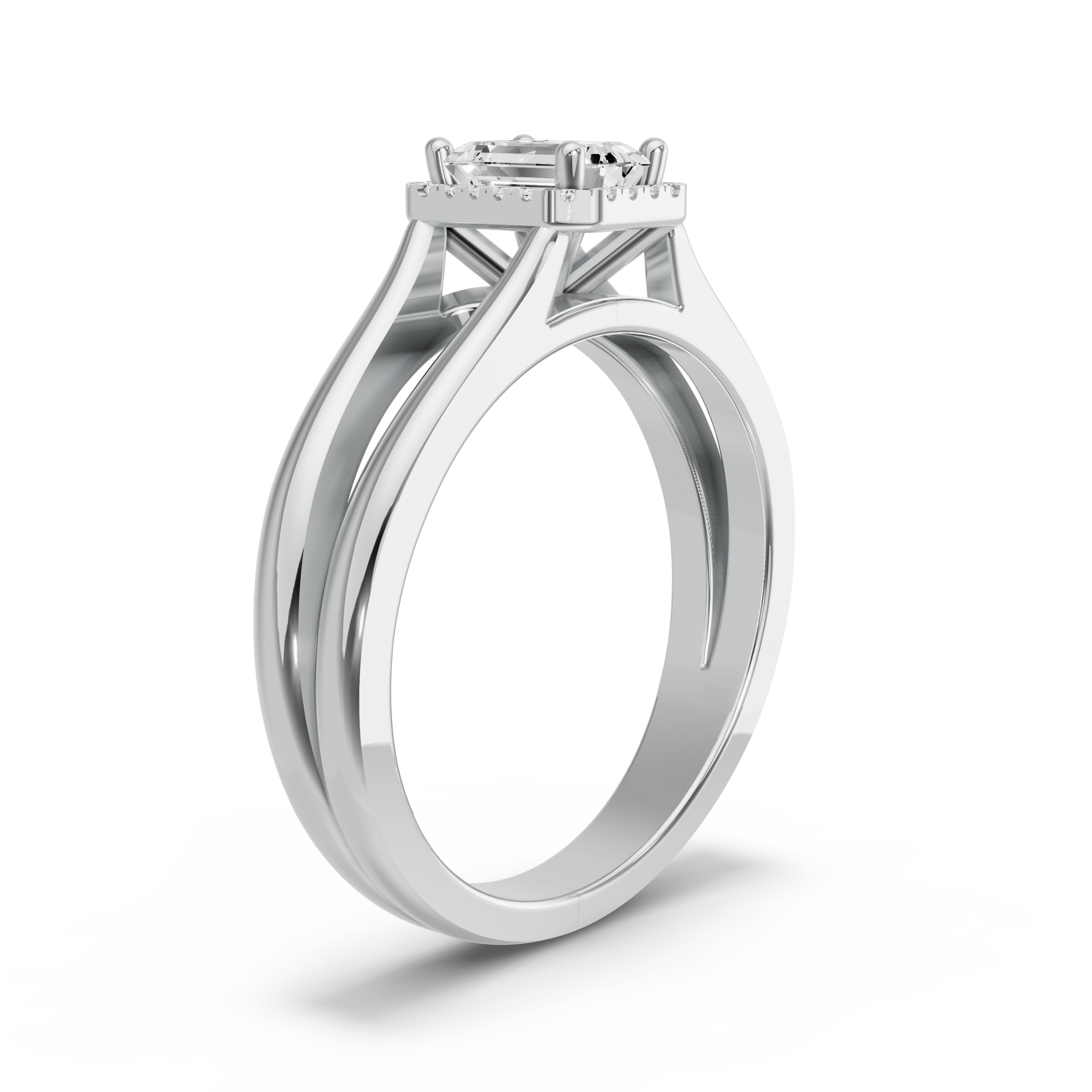 Image for Emerald Pave Halo Ring with Split Ring Solitaire band in 10K White Gold