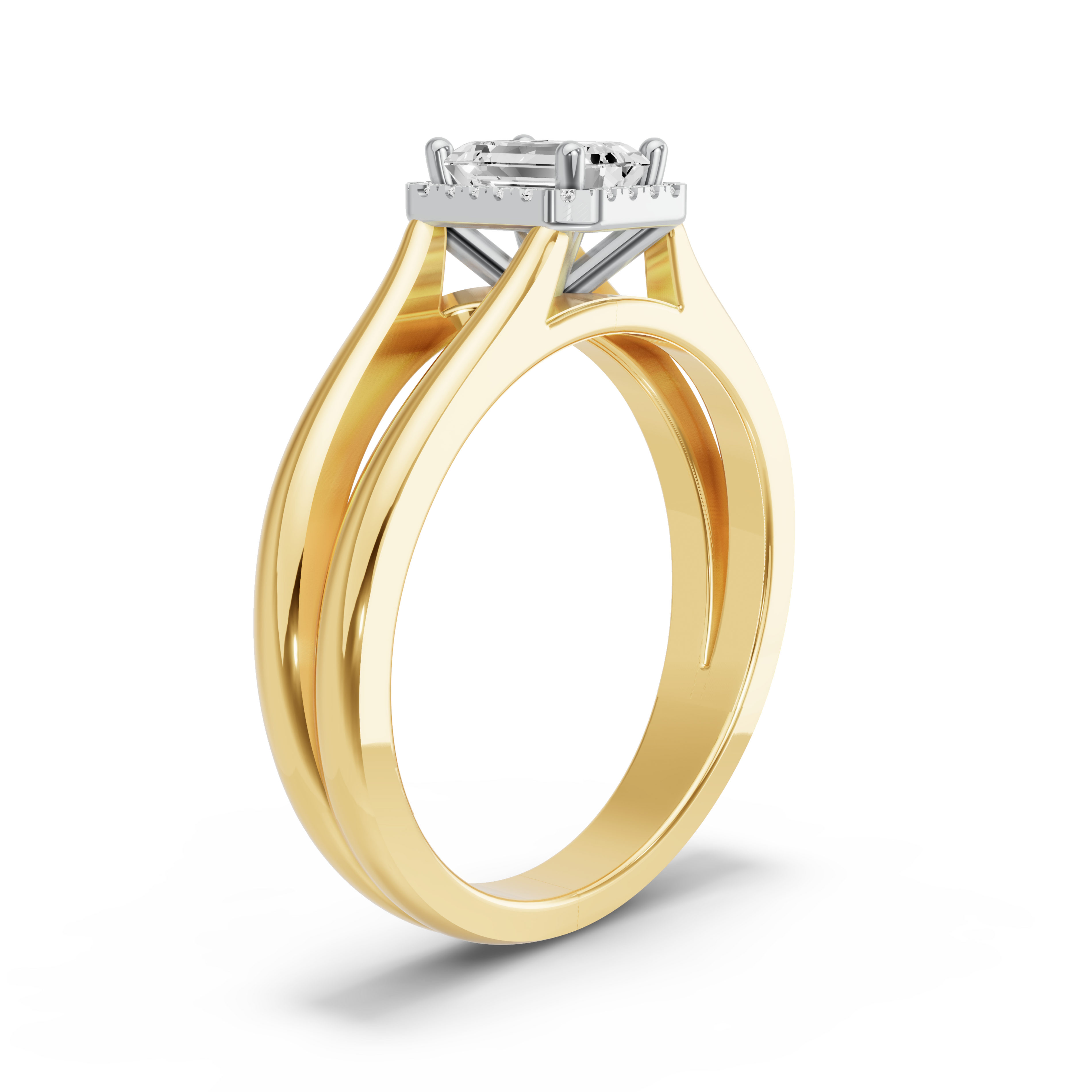 Image for Emerald Pave Halo Ring with Split Ring Solitaire band in 14K Two Tone Yellow Gold
