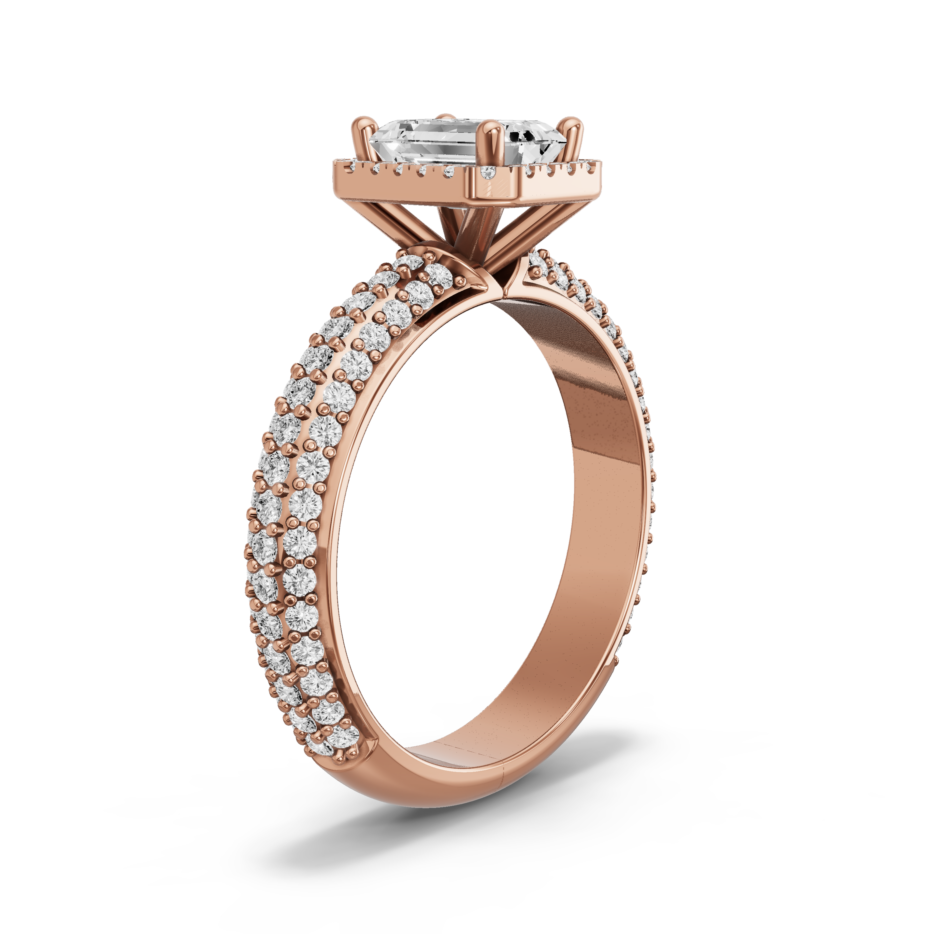 Image for Emerald Pave Halo Ring with Triple Row Pave band in 18K Rose Gold