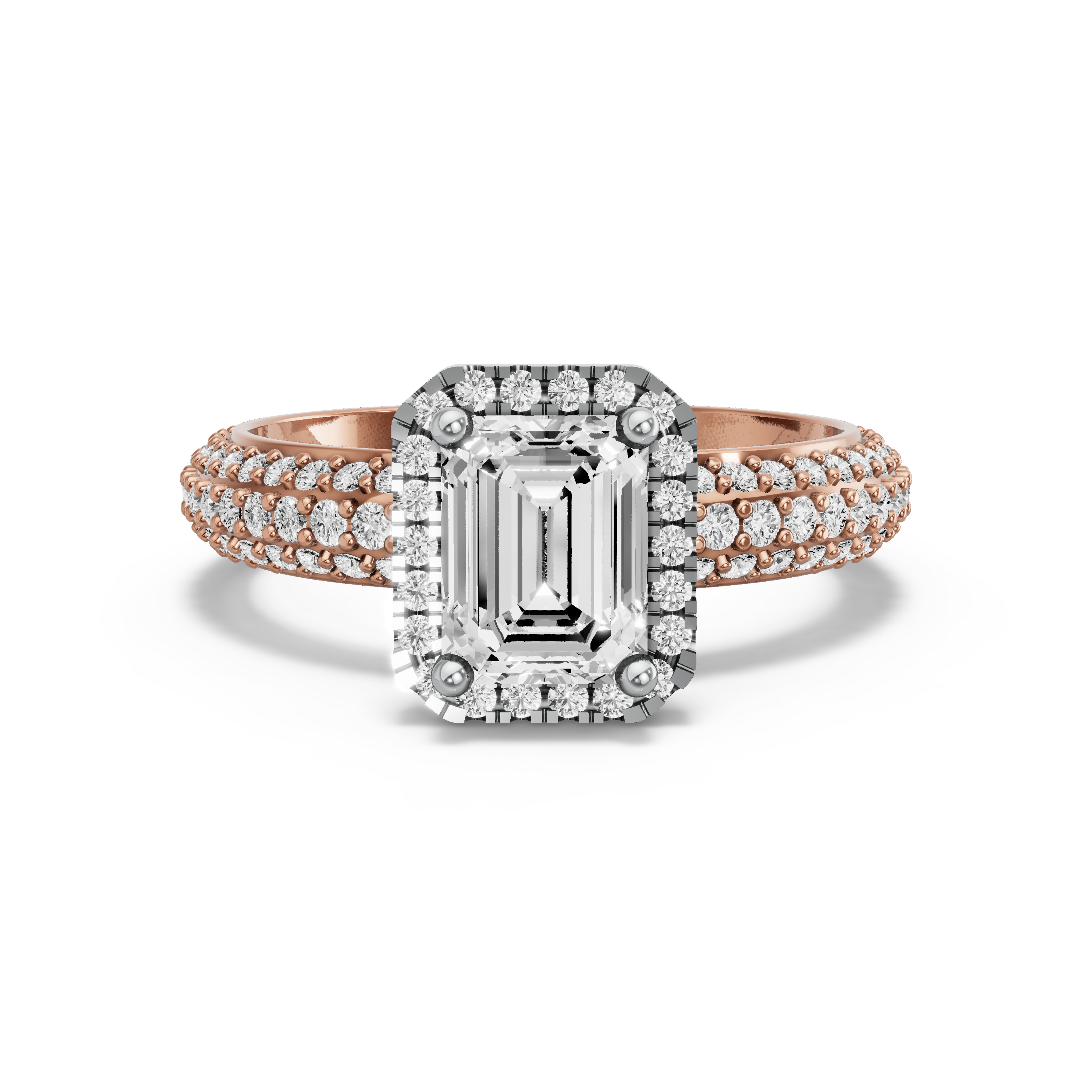 Image for Emerald Pave Halo Ring with Triple Row Pave band in 14K Two Tone Rose Gold