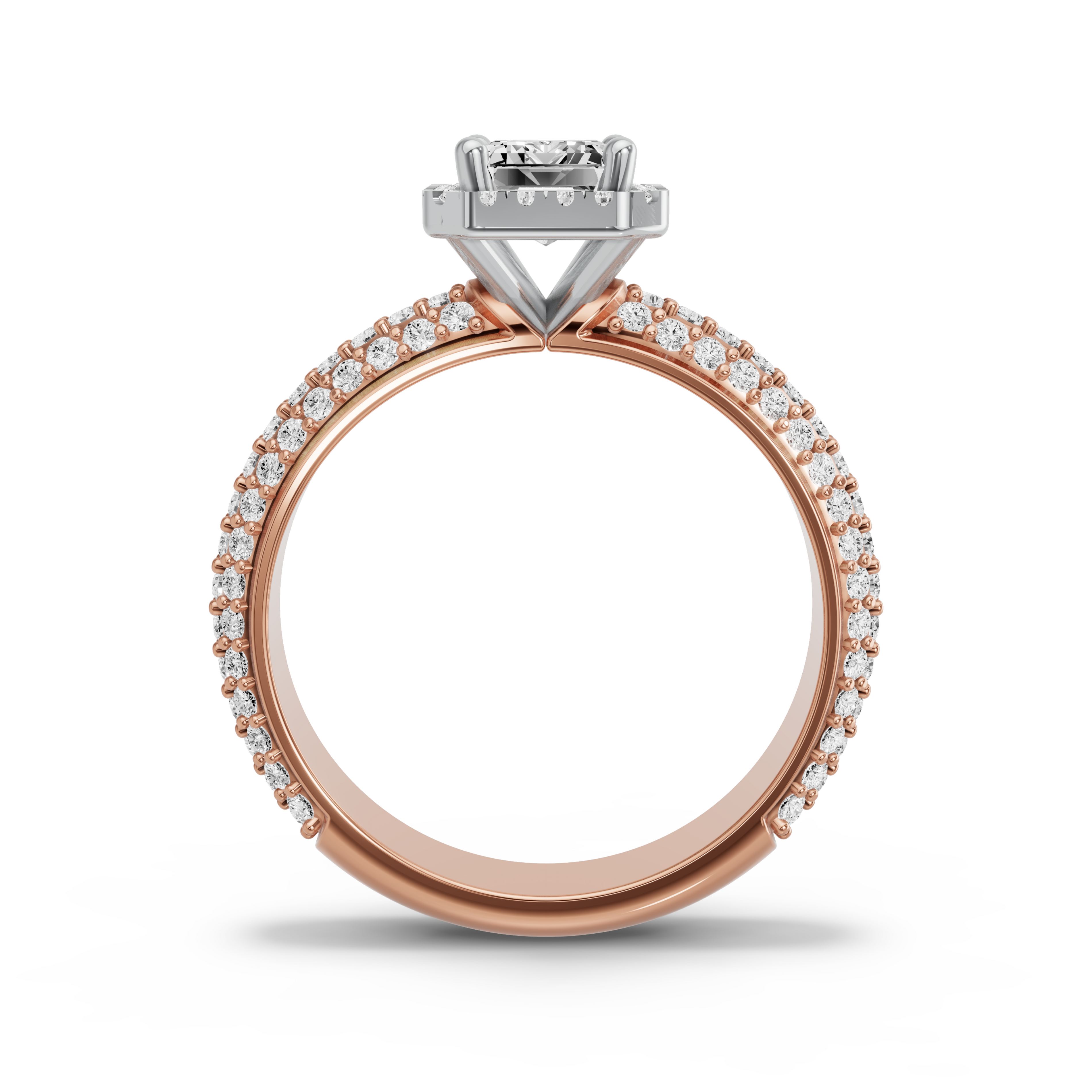 Image for Emerald Pave Halo Ring with Triple Row Pave band in 14K Two Tone Rose Gold