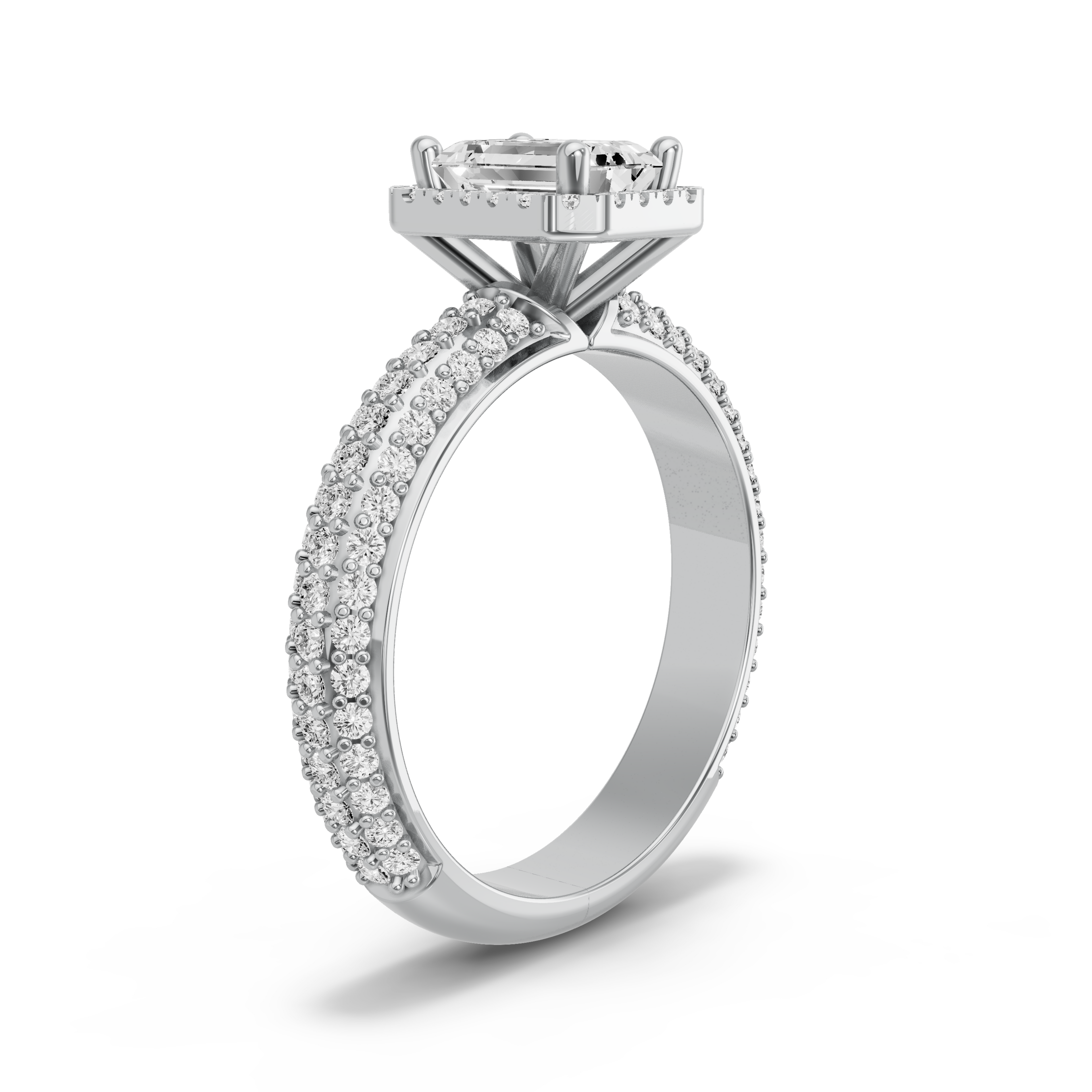 Image for Emerald Pave Halo Ring with Triple Row Pave band in 18K White Gold