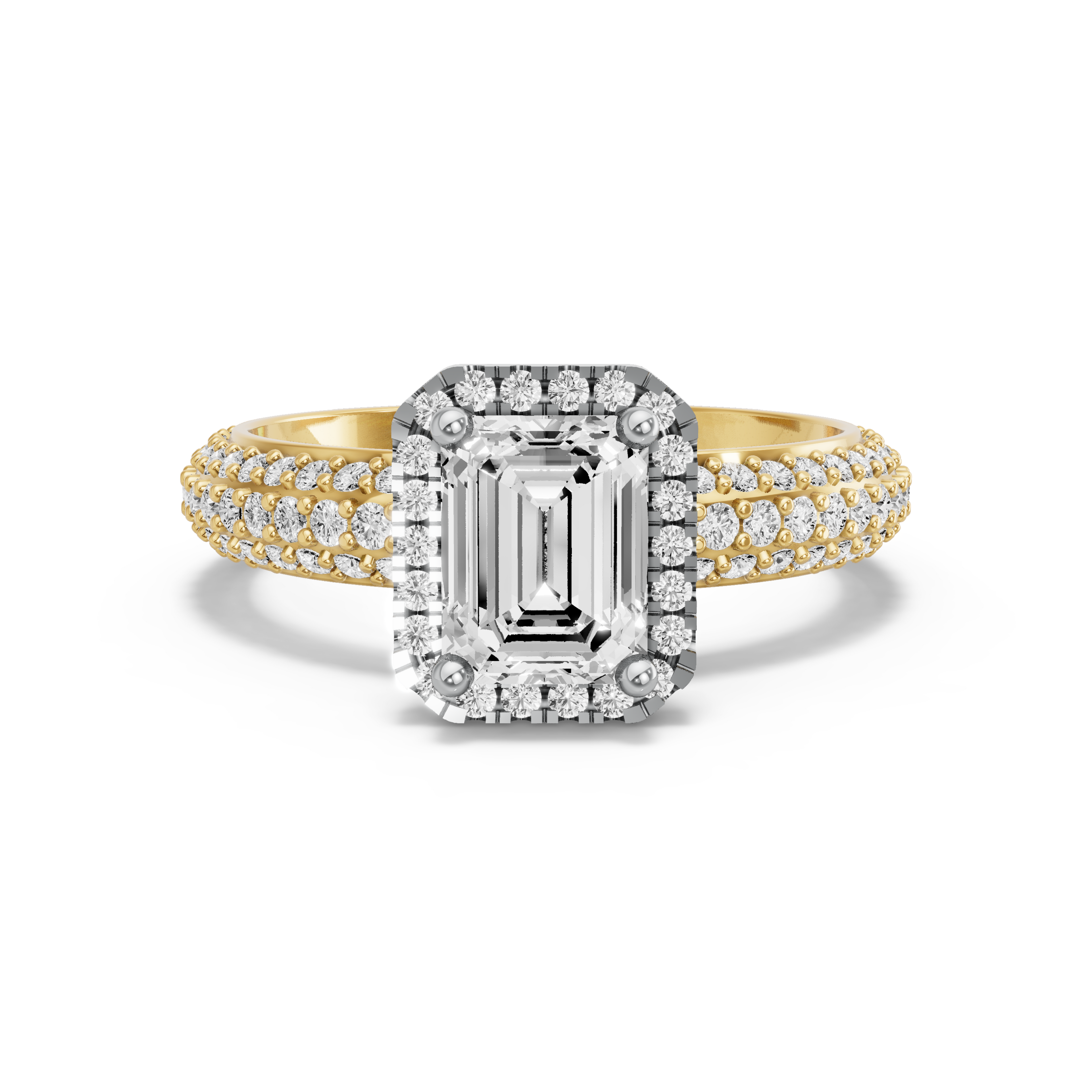 Image for Emerald Pave Halo Ring with Triple Row Pave band in 18K Two Tone Yellow Gold