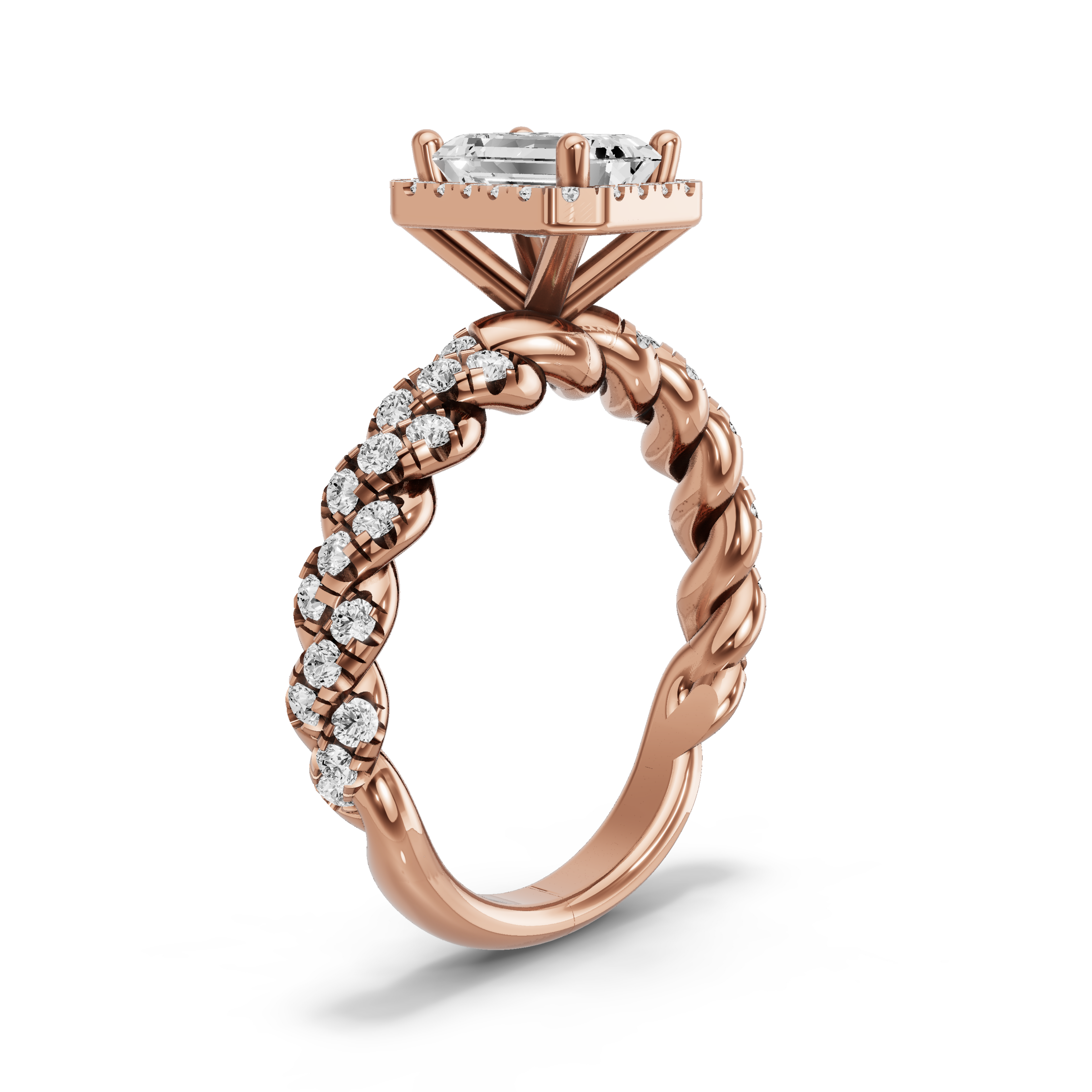 Image for Emerald Pave Halo Ring with Twist Pave band in 14K Rose Gold
