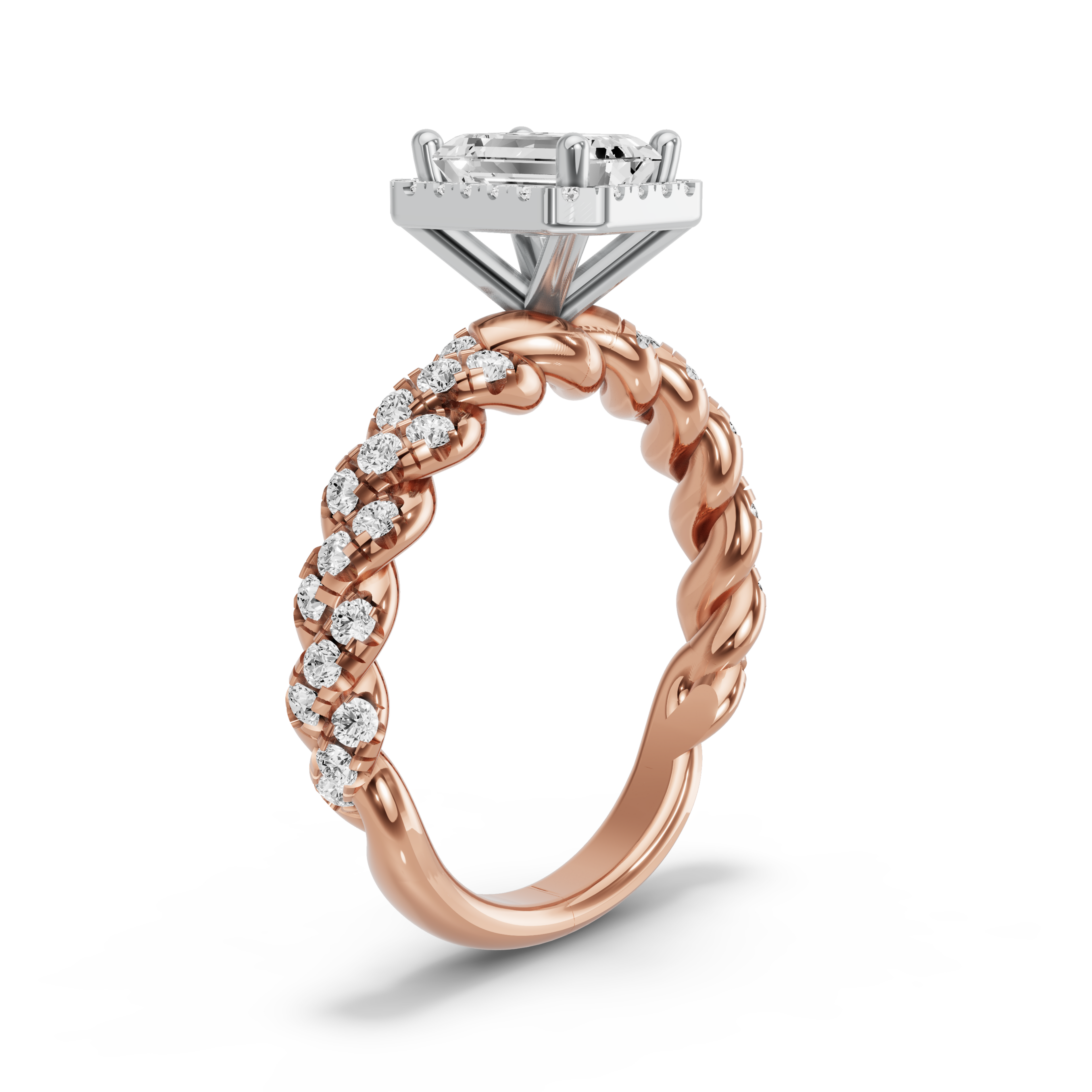 Image for Emerald Pave Halo Ring with Twist Pave band in 10K Two Tone Rose Gold