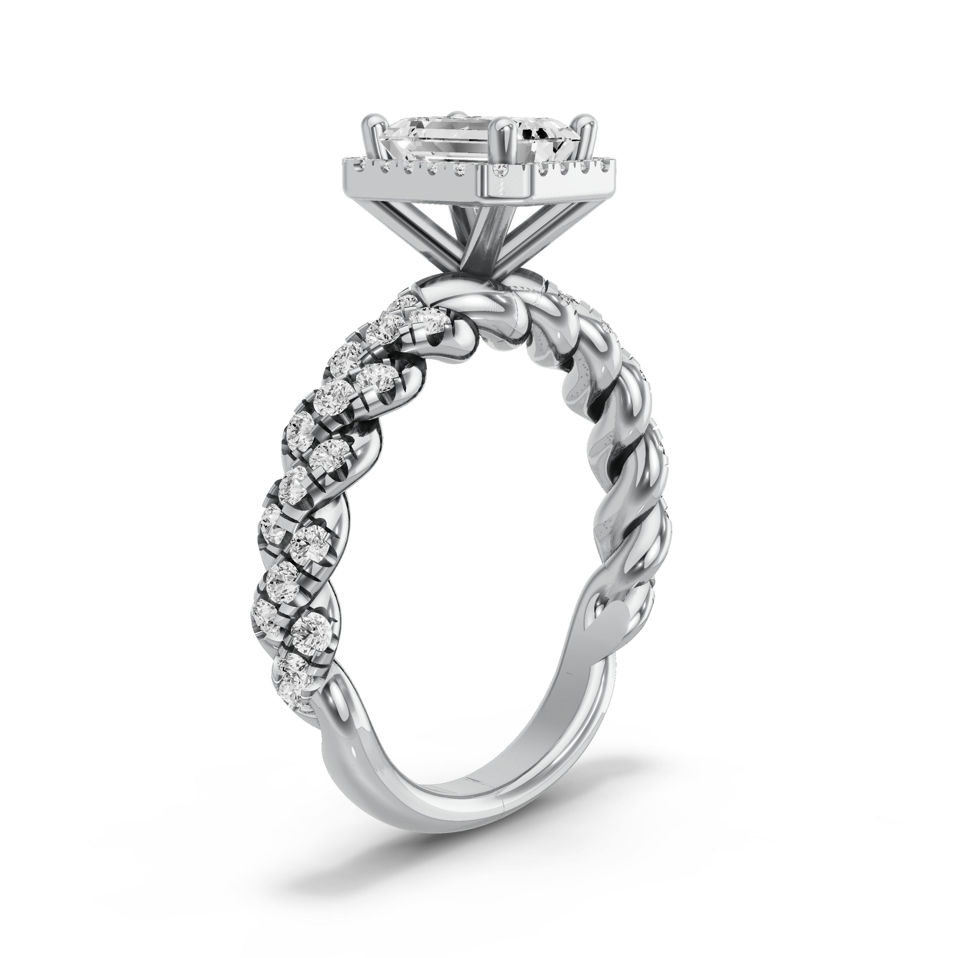Image for Emerald Pave Halo Ring with Twist Pave band in 10K White Gold