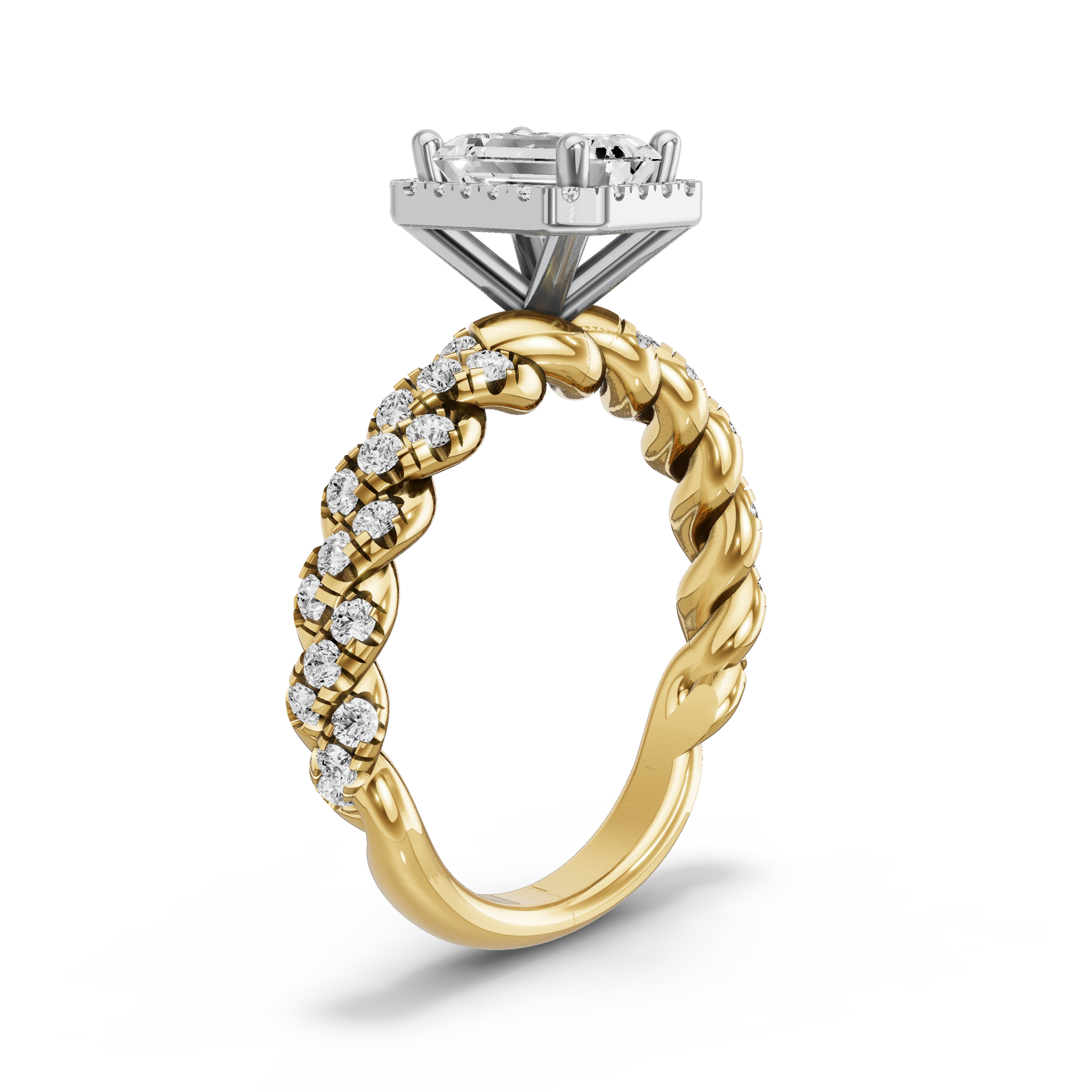 Image for Emerald Pave Halo Ring with Twist Pave band in 10K Two Tone Yellow Gold