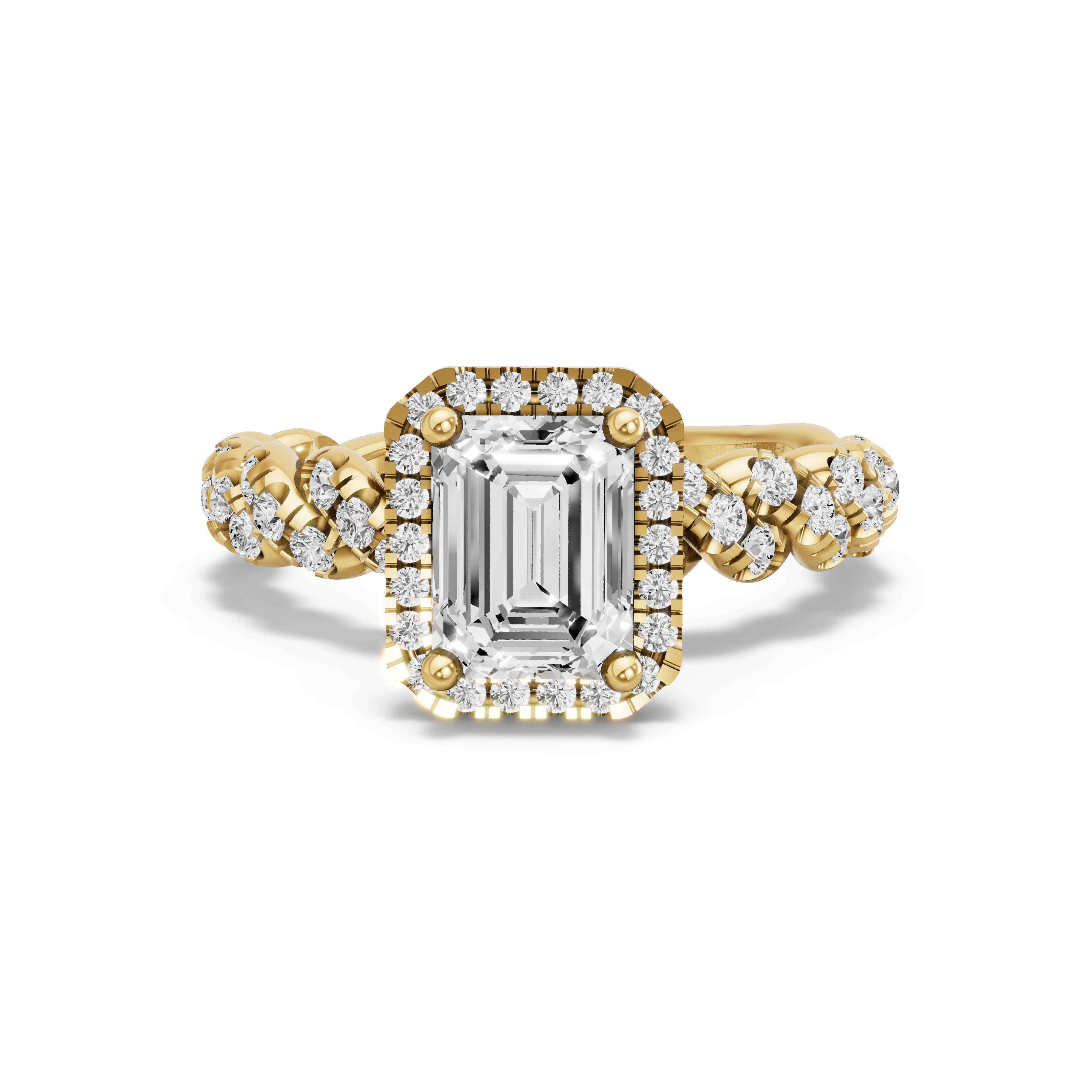 Image for Emerald Pave Halo Ring with Twist Pave band in 10K Yellow Gold