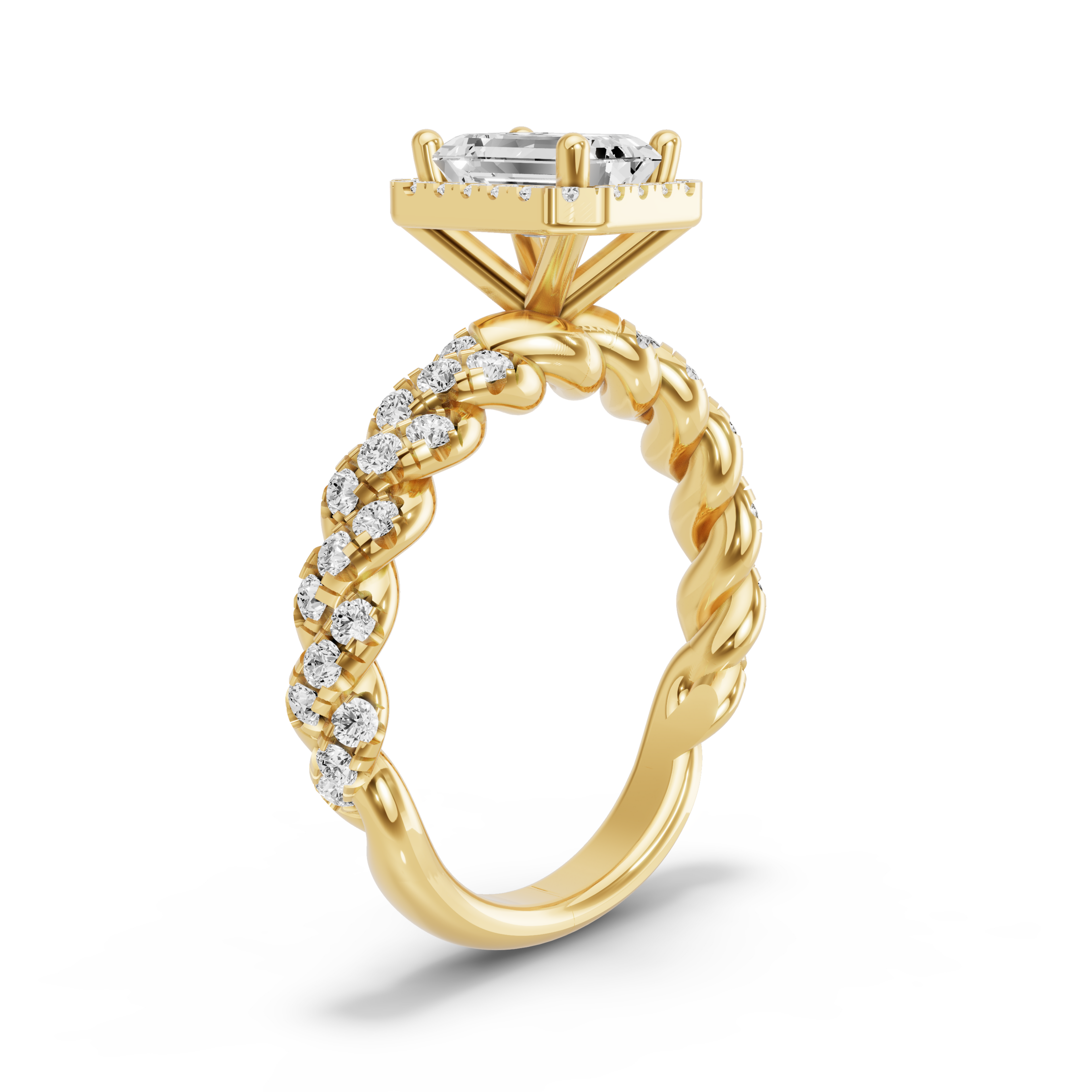 Image for Emerald Pave Halo Ring with Twist Pave band in 10K Yellow Gold