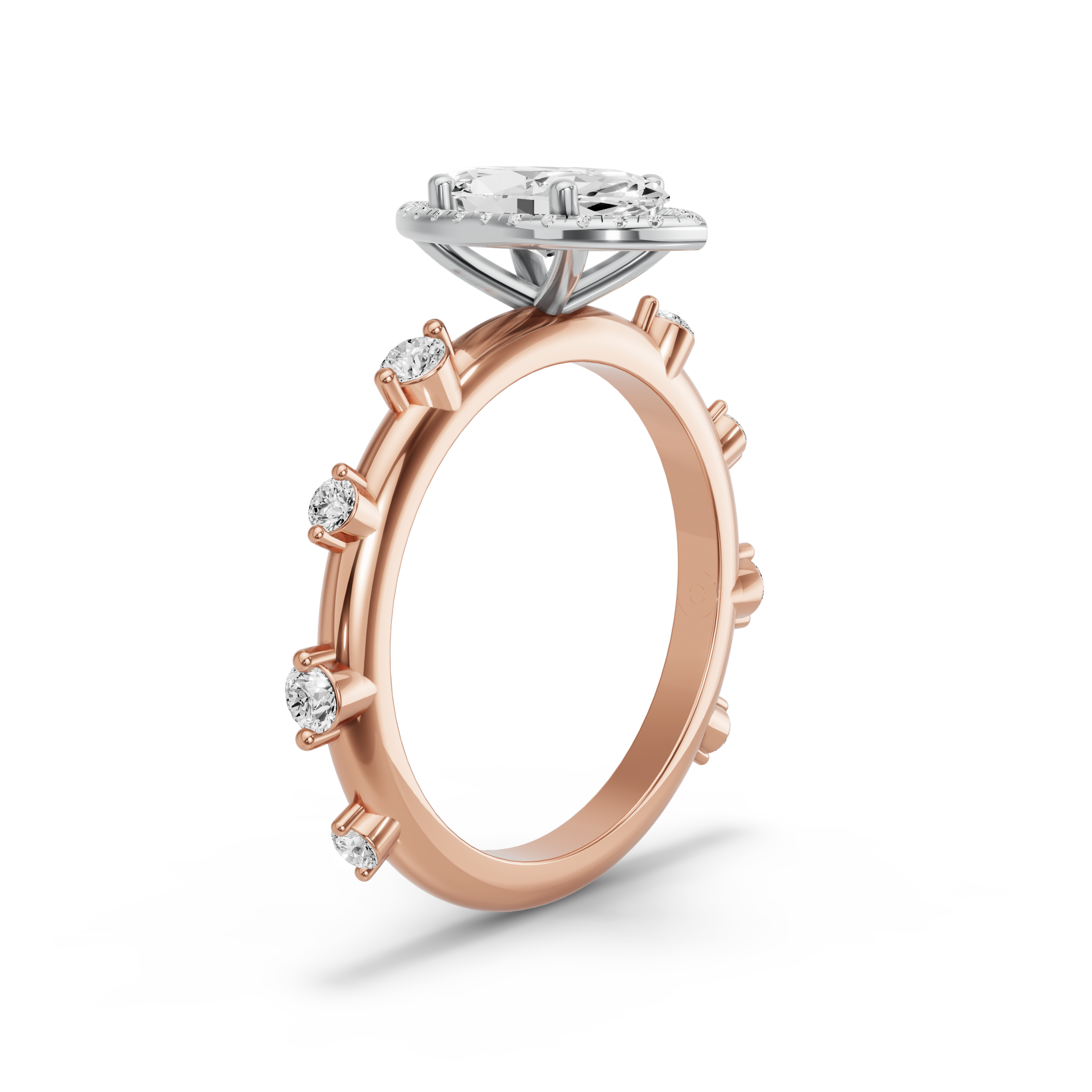Image for Marquise Pave Halo Ring with Floating Station band in 18K Two Tone Rose Gold