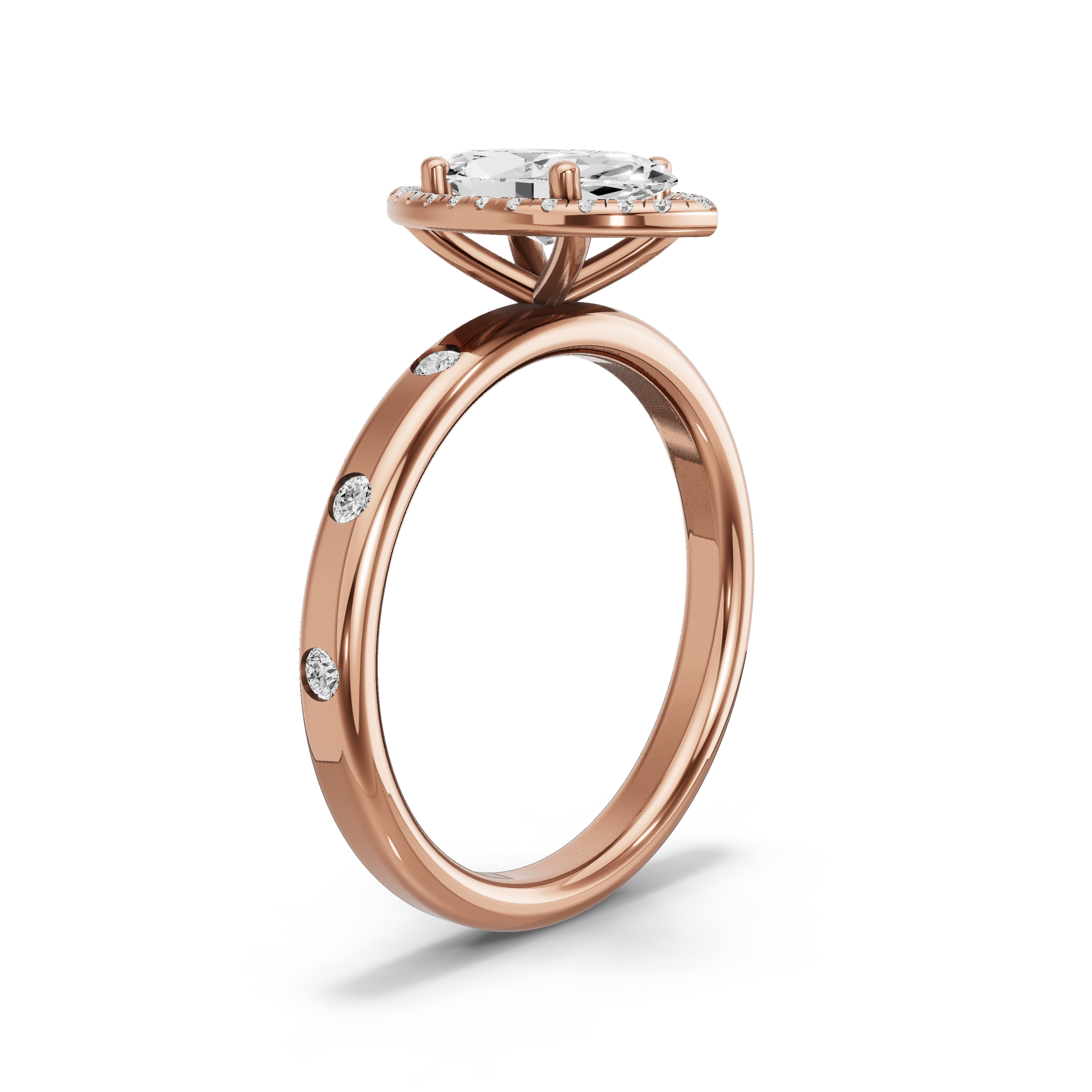 Image for Marquise Pave Halo Ring with Sleek Accent band in 10K Rose Gold