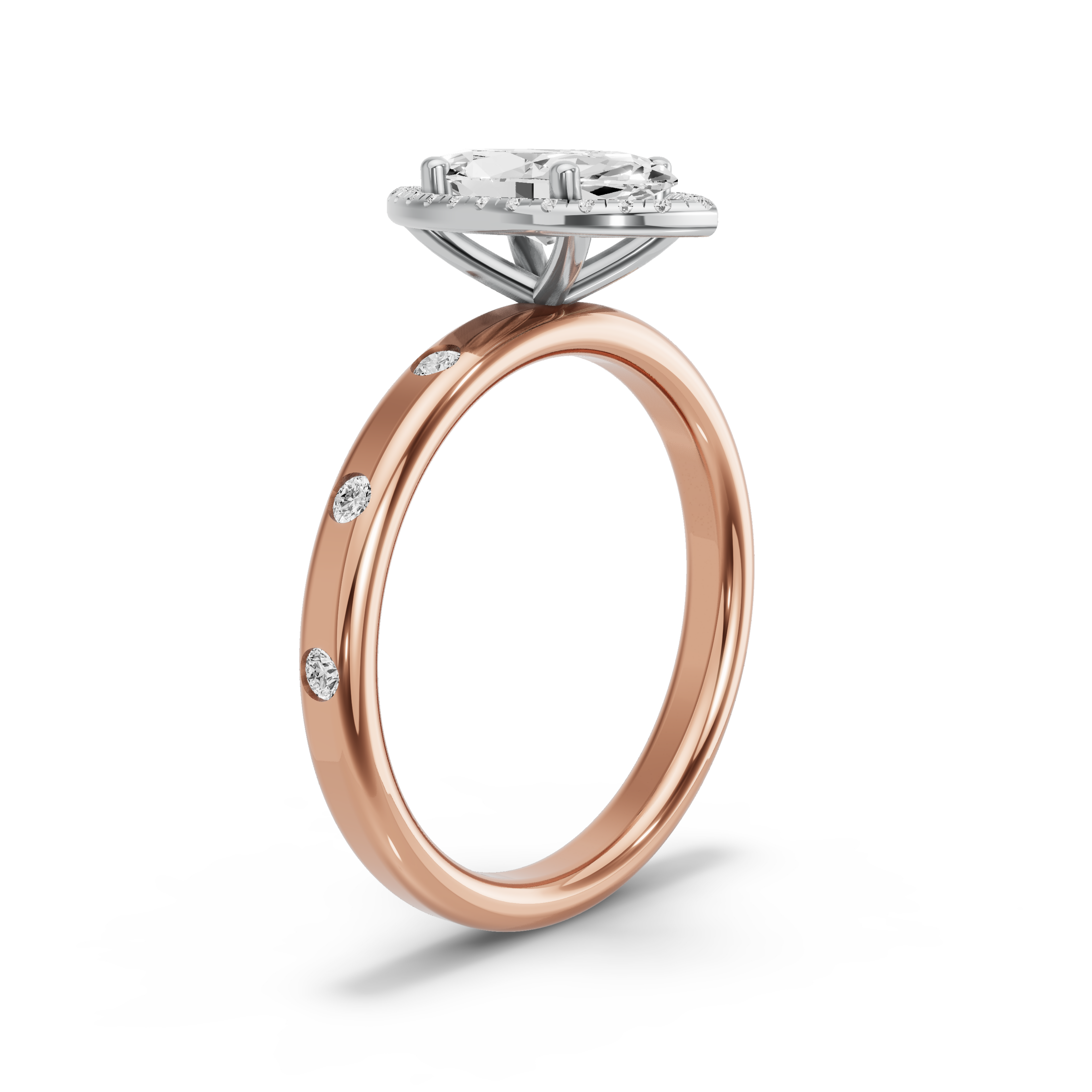 Image for Marquise Pave Halo Ring with Sleek Accent band in 10K Two Tone Rose Gold