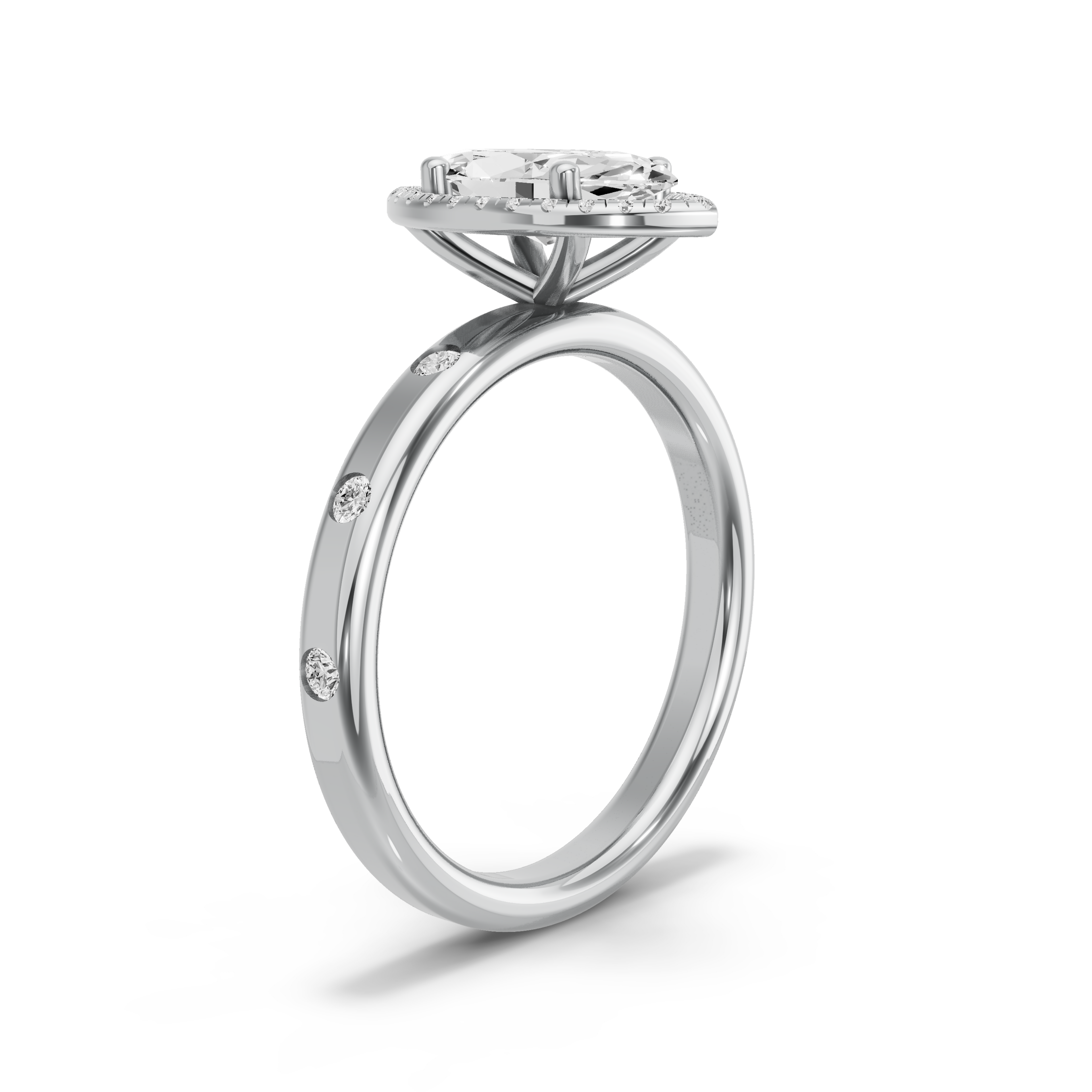 Image for Marquise Pave Halo Ring with Sleek Accent band in 14K White Gold