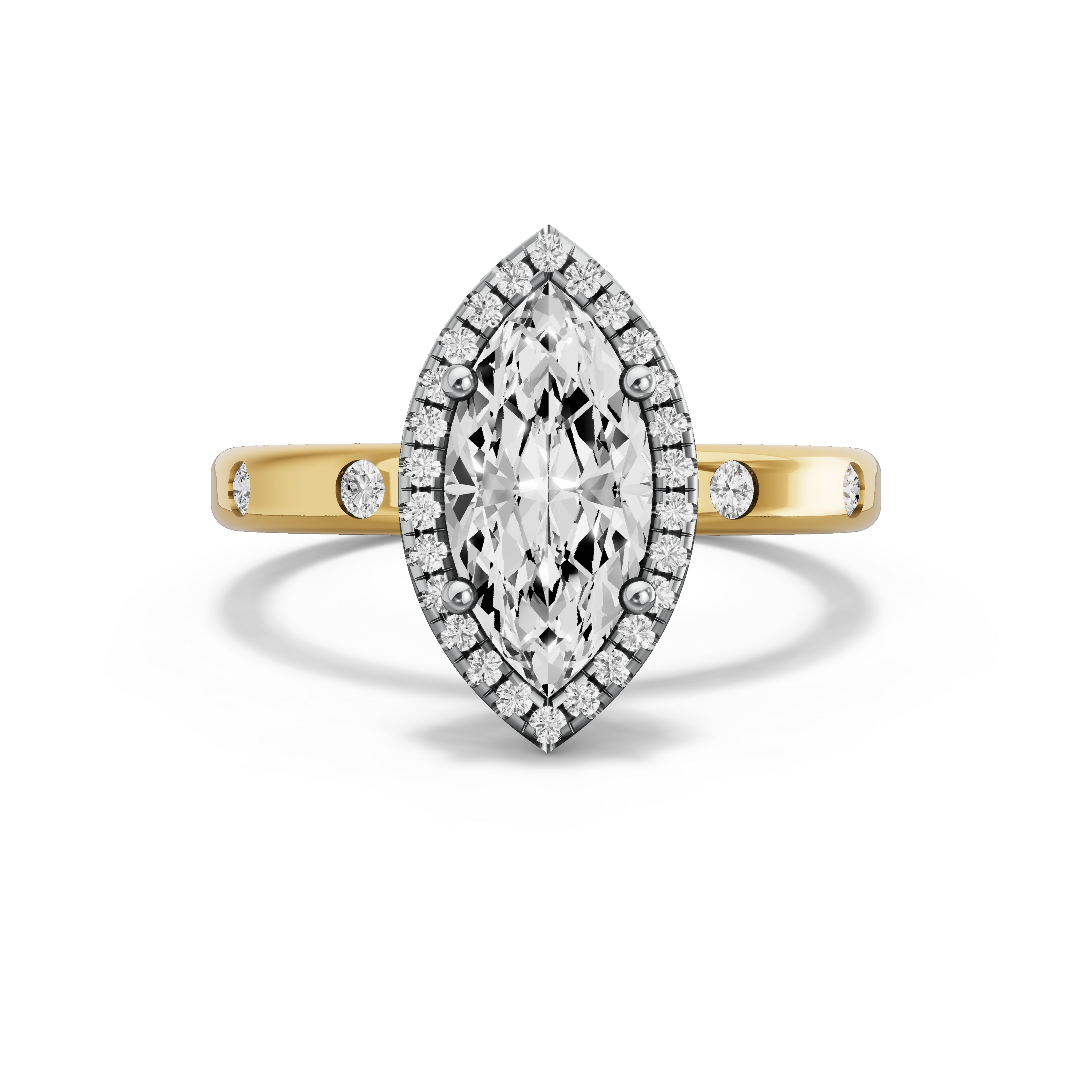 Image for Marquise Pave Halo Ring with Sleek Accent band in 18K Two Tone Yellow Gold