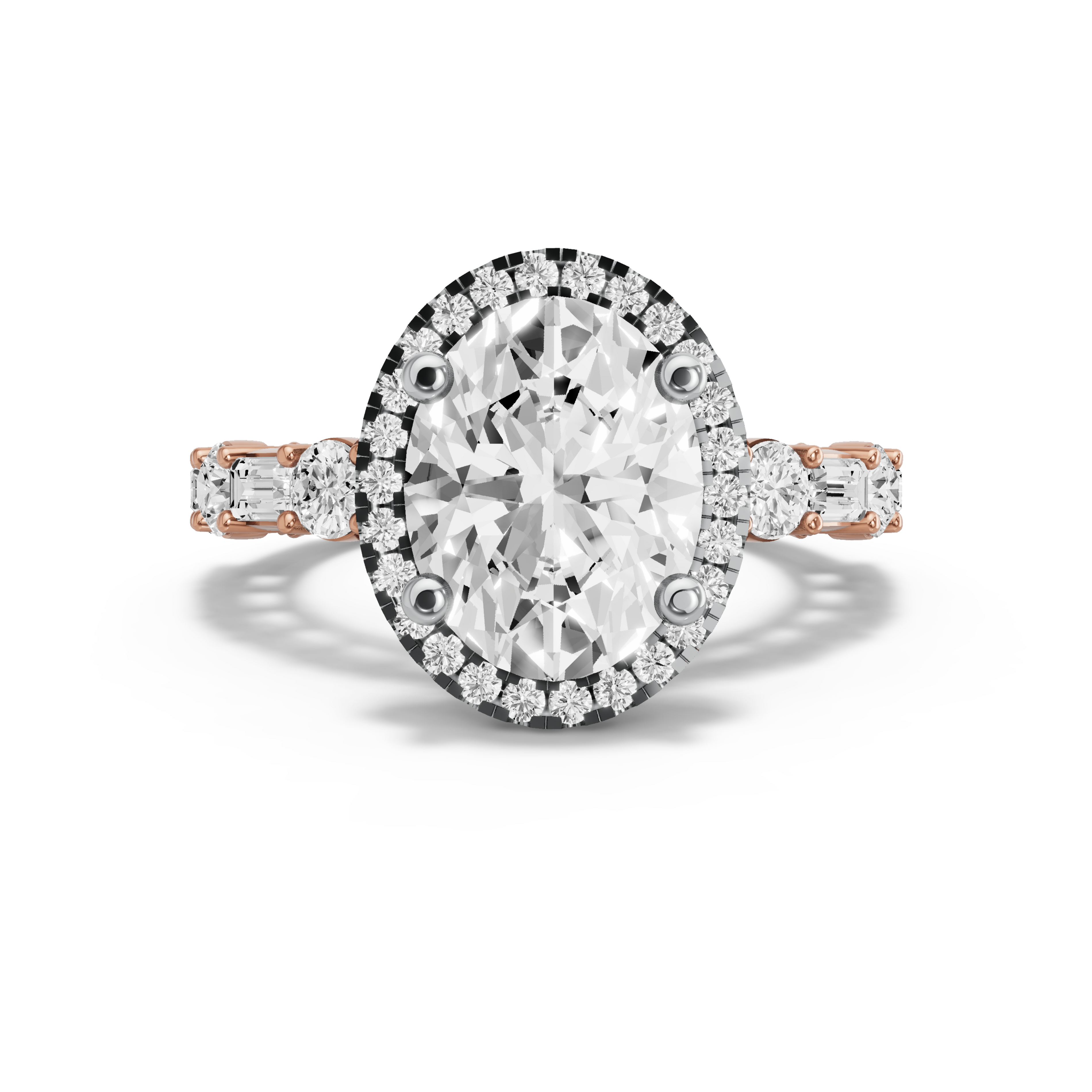 Image for Oval Pave Halo Ring with Alternating Baguette band in 14K Two Tone Rose Gold