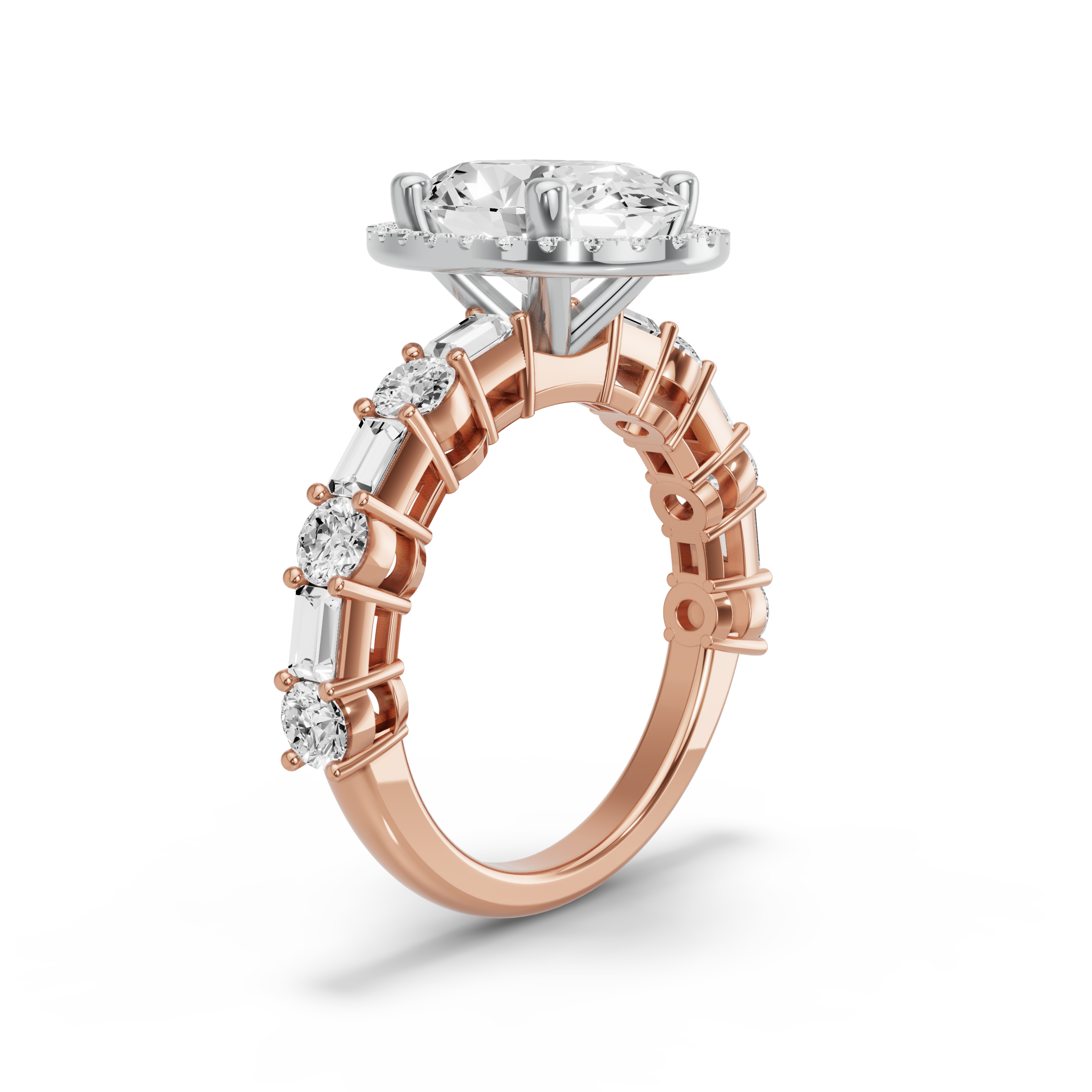 Image for Oval Pave Halo Ring with Alternating Baguette band in 10K Two Tone Rose Gold