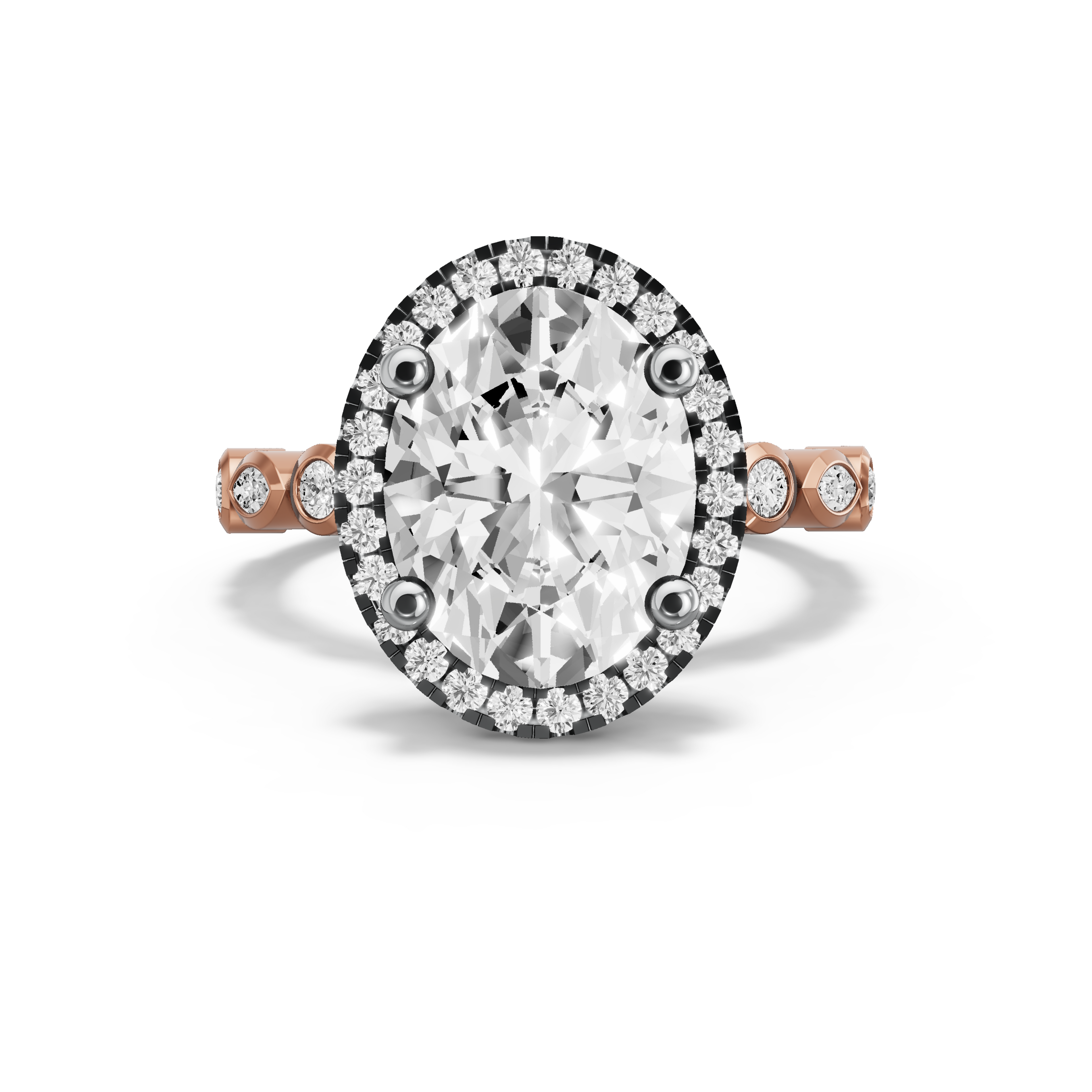 Image for Oval Pave Halo Ring with Alternating Marquise band in 18K Two Tone Rose Gold