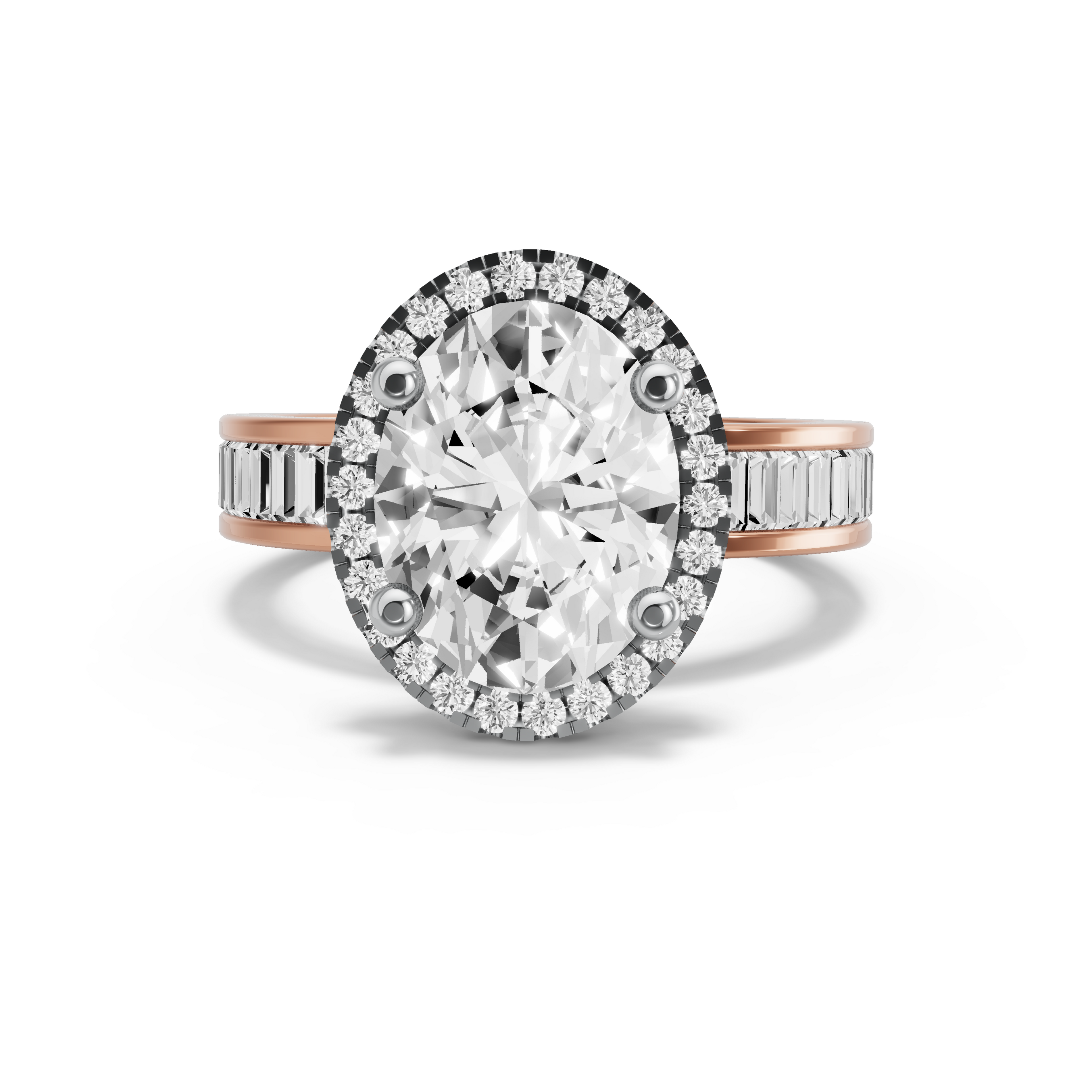 Image for Oval Pave Halo Ring with Baguette Channel band in 14K Two Tone Rose Gold