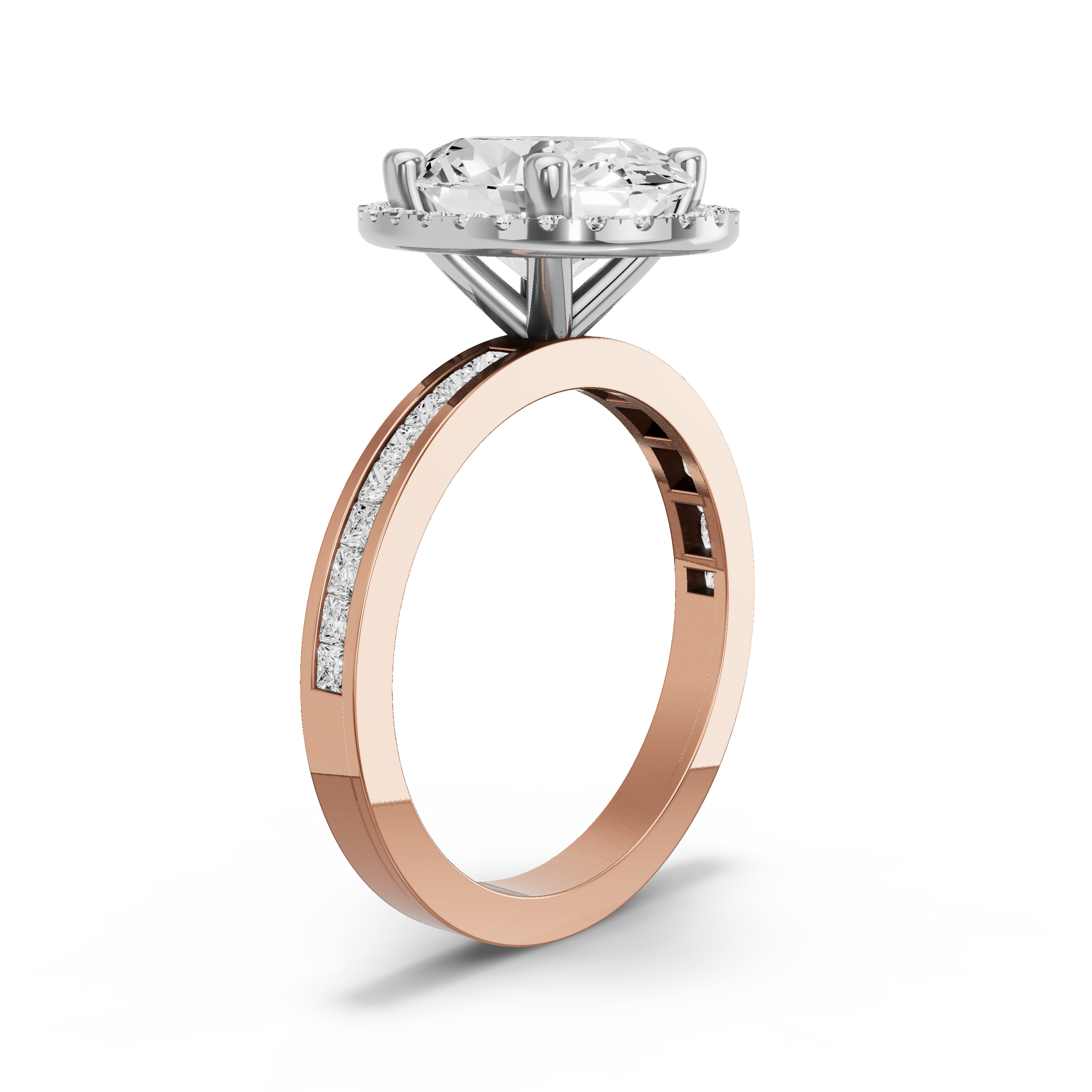 Image for Oval Pave Halo Ring with Channel band in 14K Two Tone Rose Gold