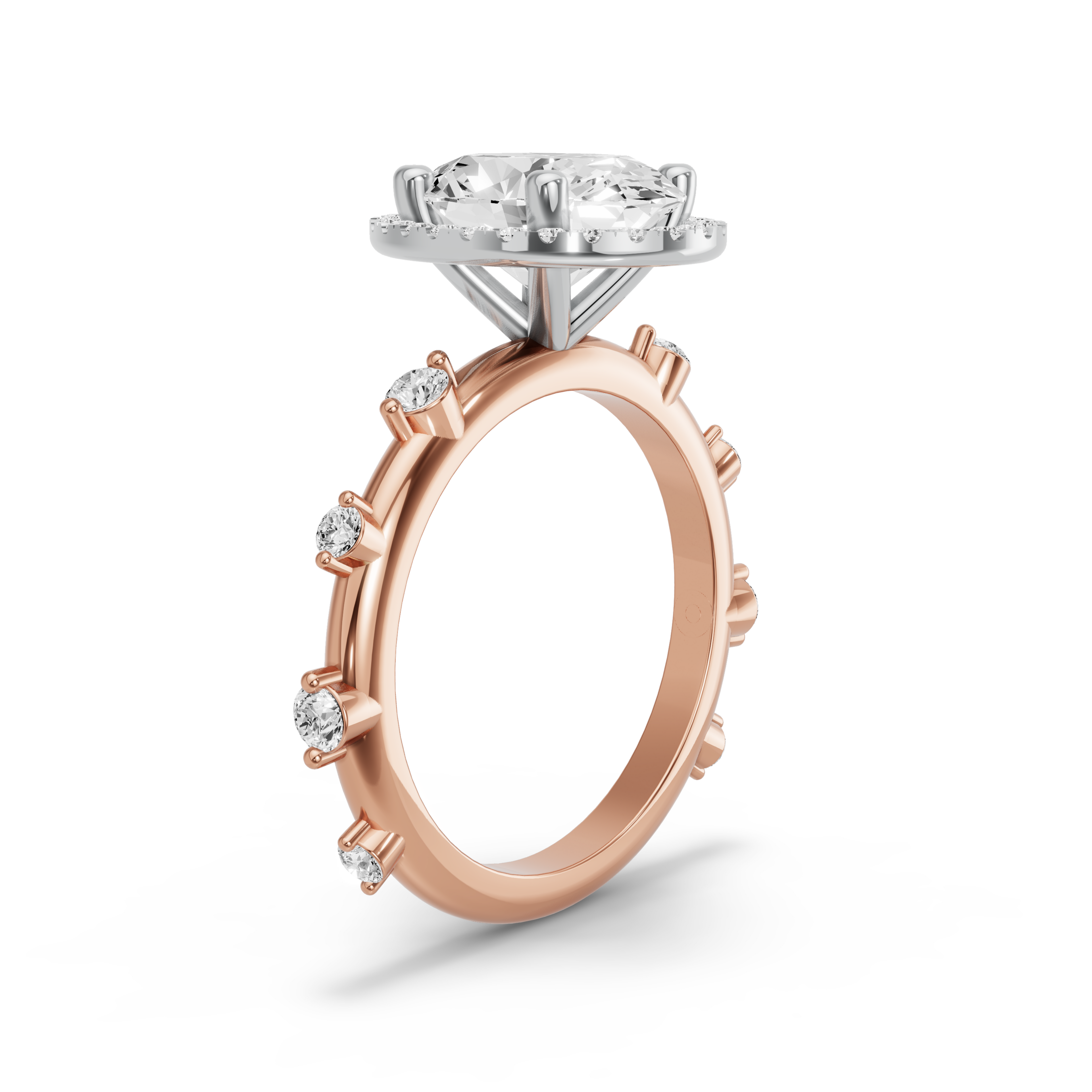 Image for Oval Pave Halo Ring with Floating Station band in 10K Two Tone Rose Gold