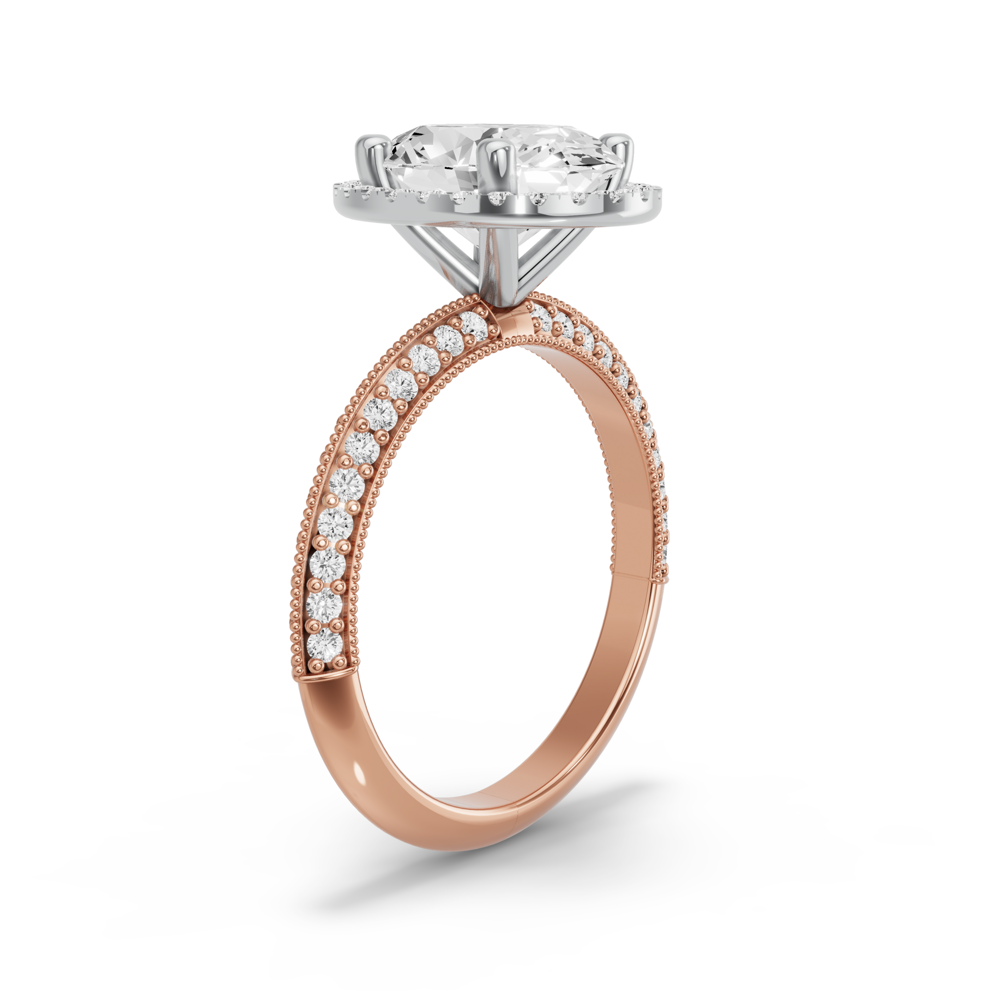 Image for Oval Pave Halo Ring with Knife Edge Pave band in 18K Two Tone Rose Gold