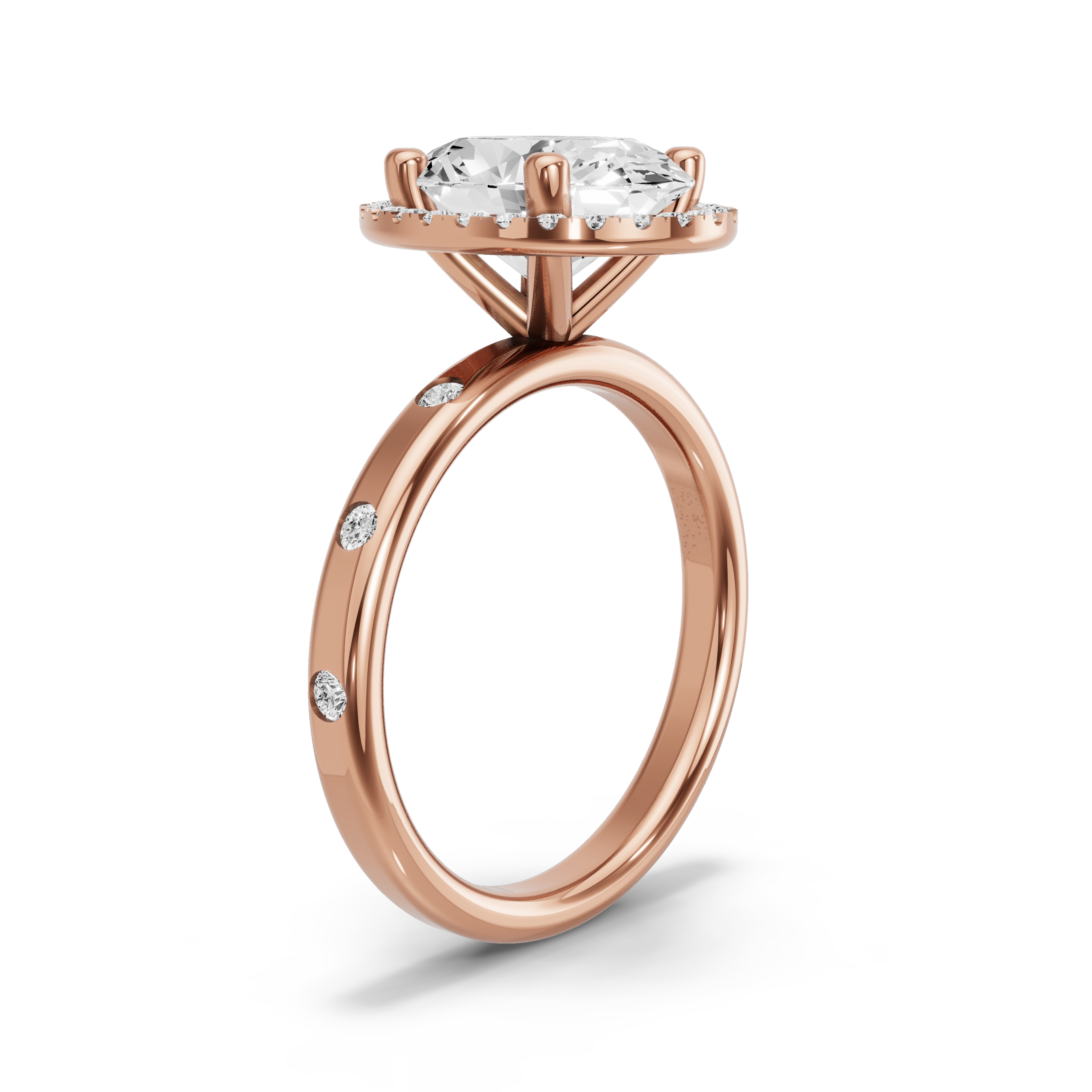 Image for Oval Pave Halo Ring with Sleek Accent band in 18K Rose Gold