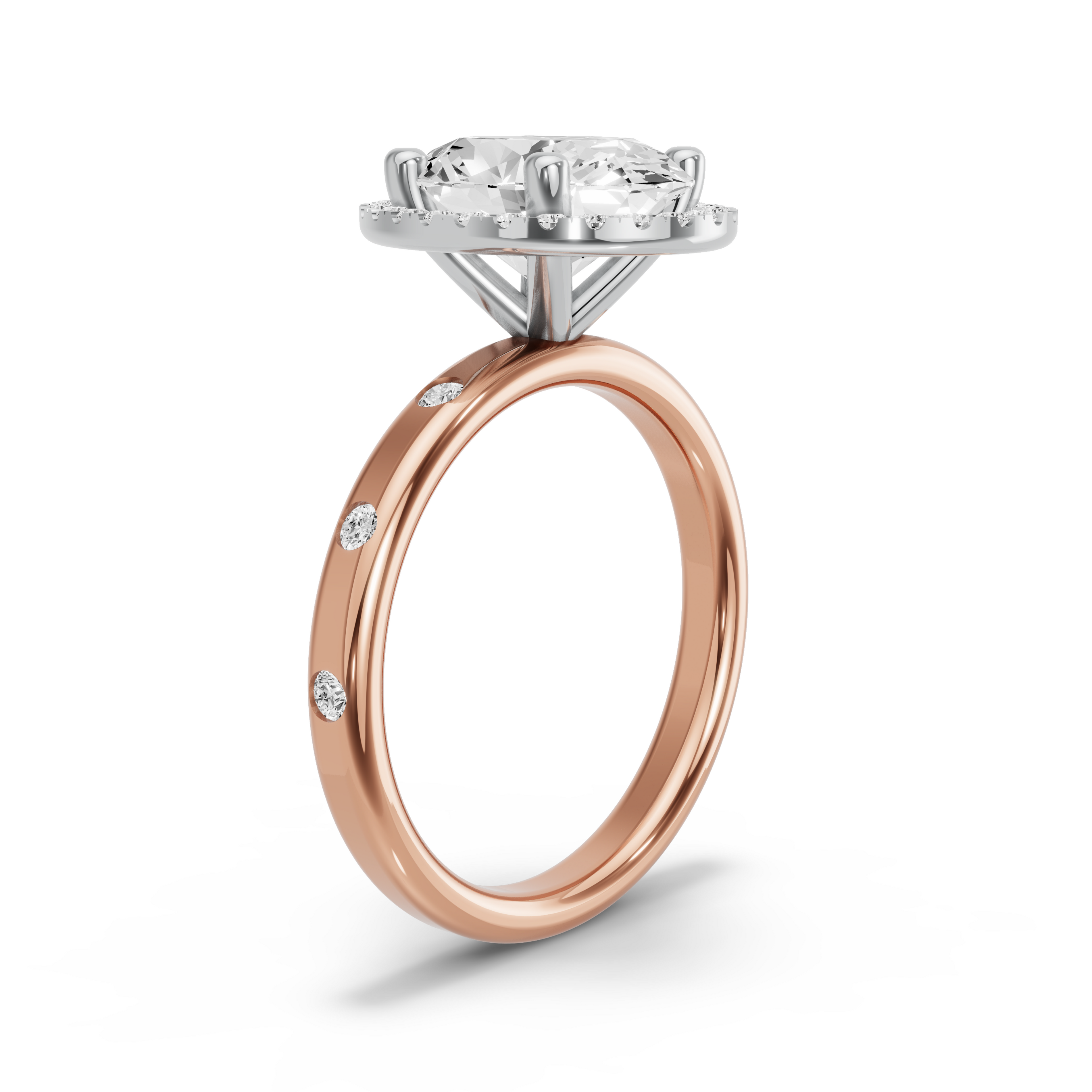 Image for Oval Pave Halo Ring with Sleek Accent band in 14K Two Tone Rose Gold