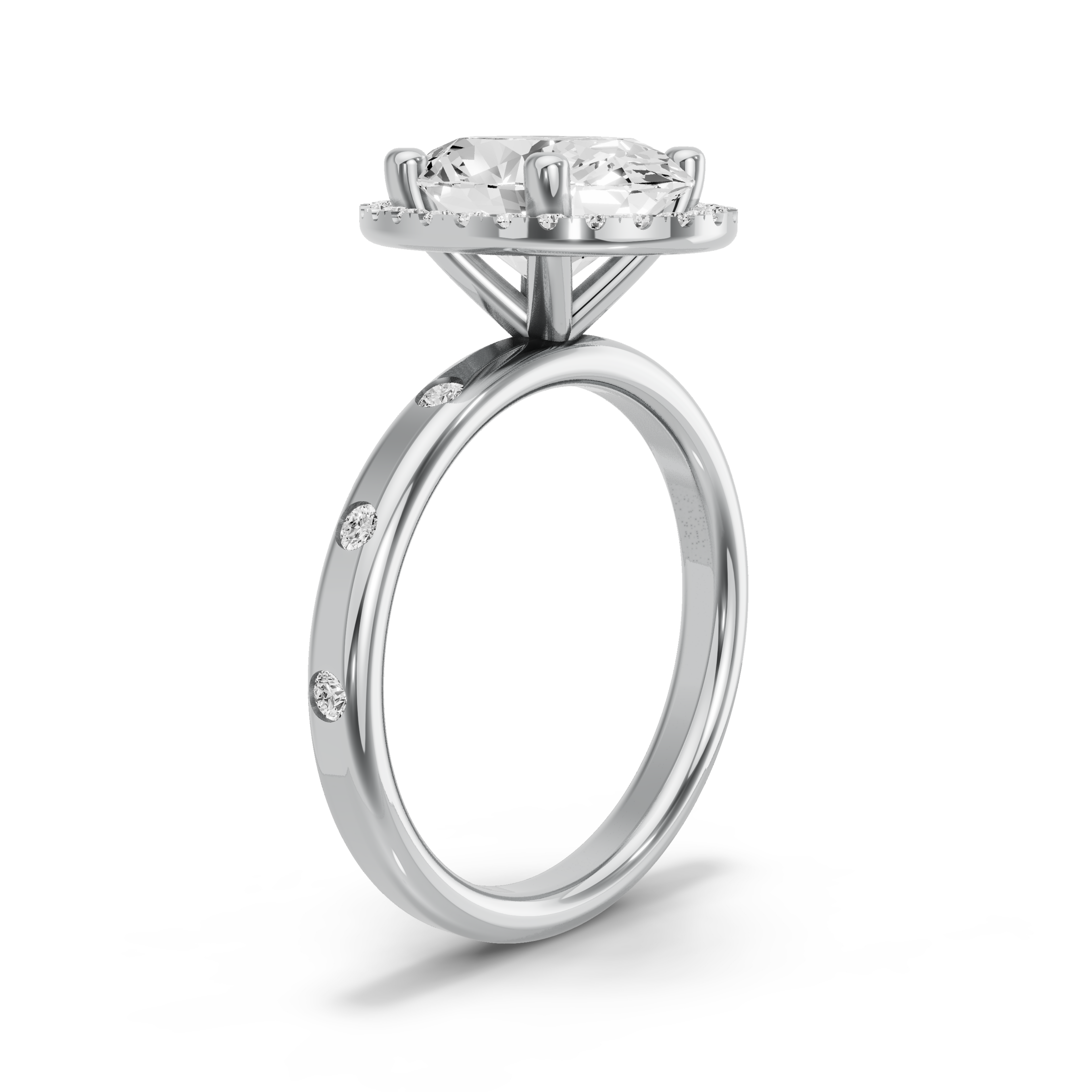 Image for Oval Pave Halo Ring with Sleek Accent band in 18K White Gold