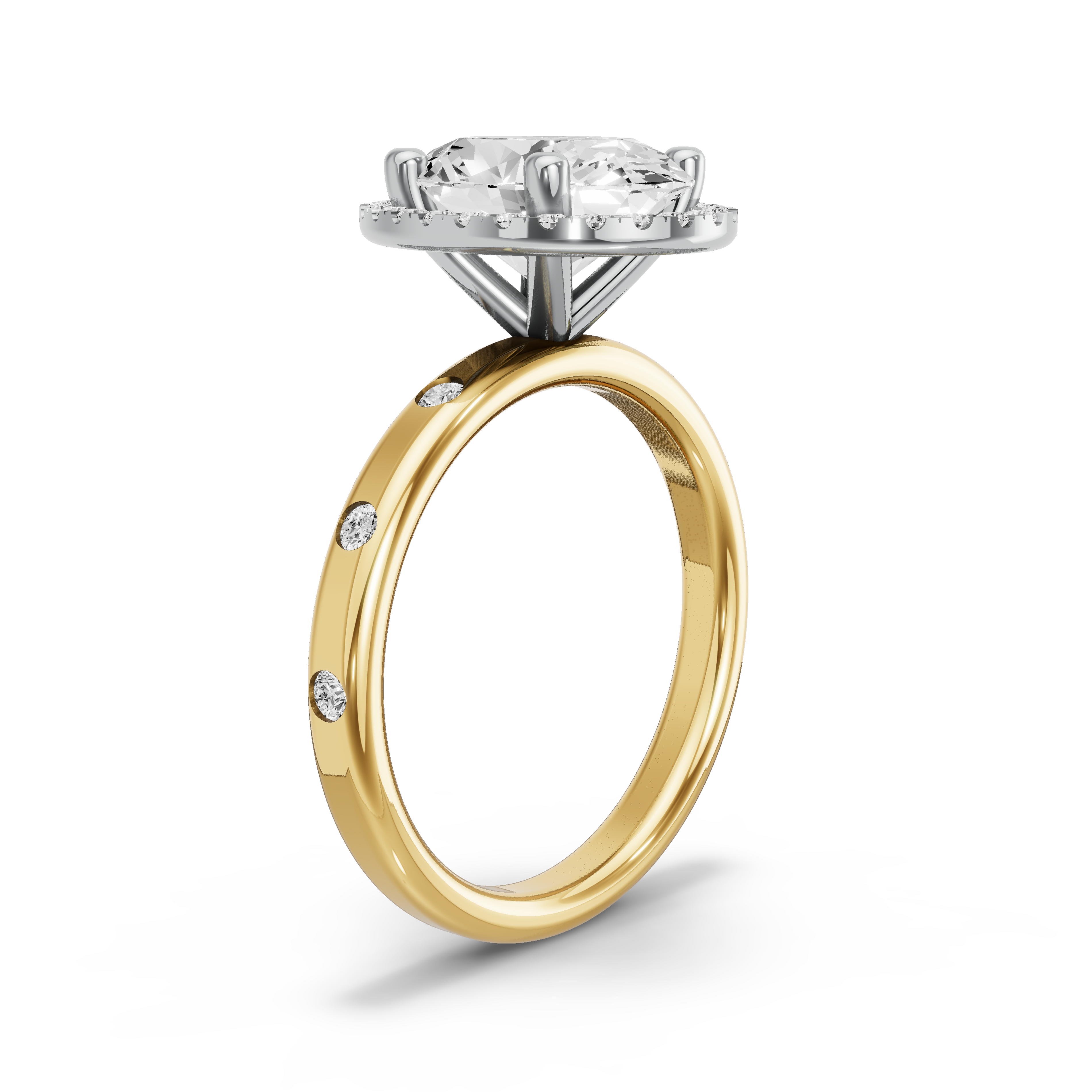 Image for Oval Pave Halo Ring with Sleek Accent band in 18K Two Tone Yellow Gold