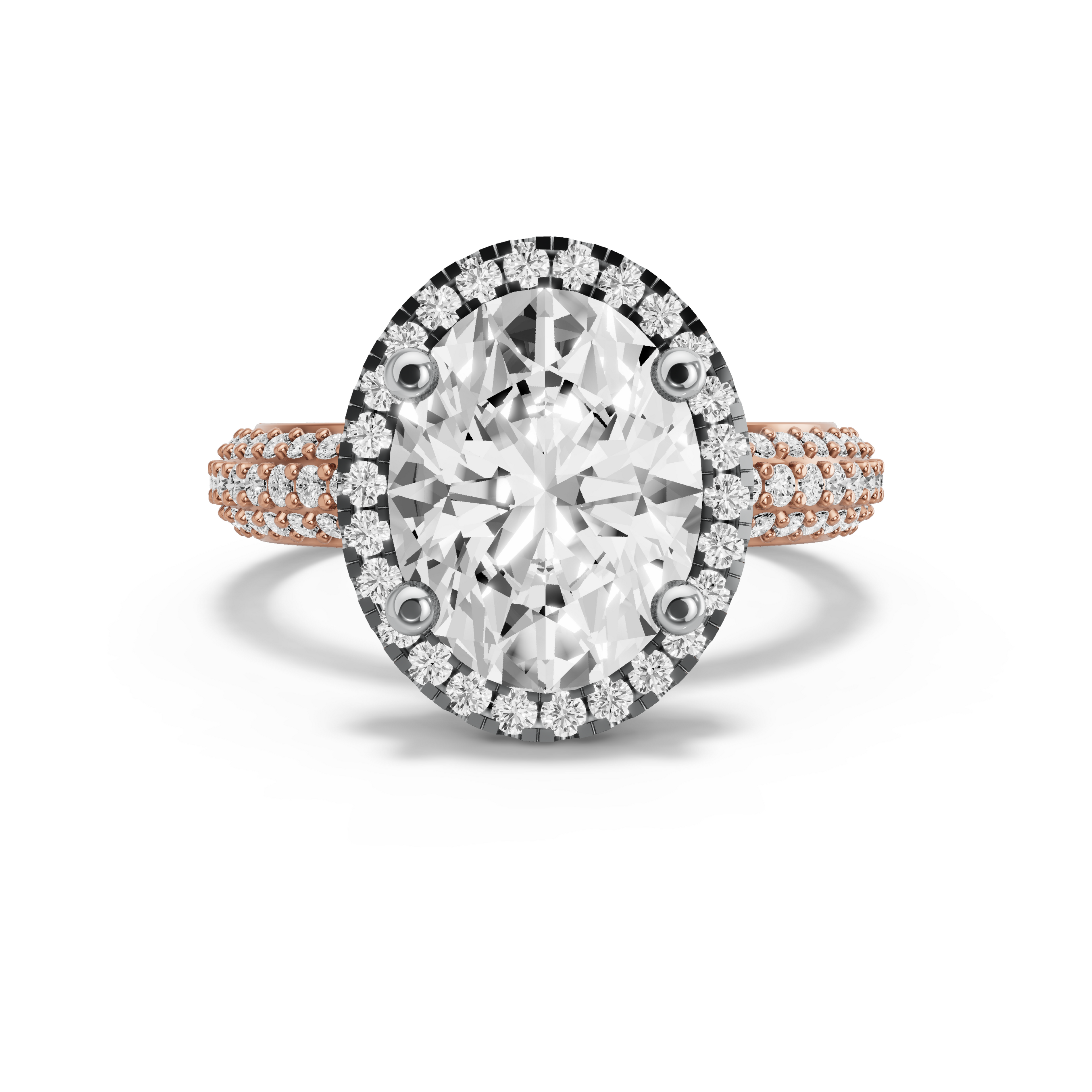 Image for Oval Pave Halo Ring with Triple Row Pave band in 10K Two Tone Rose Gold