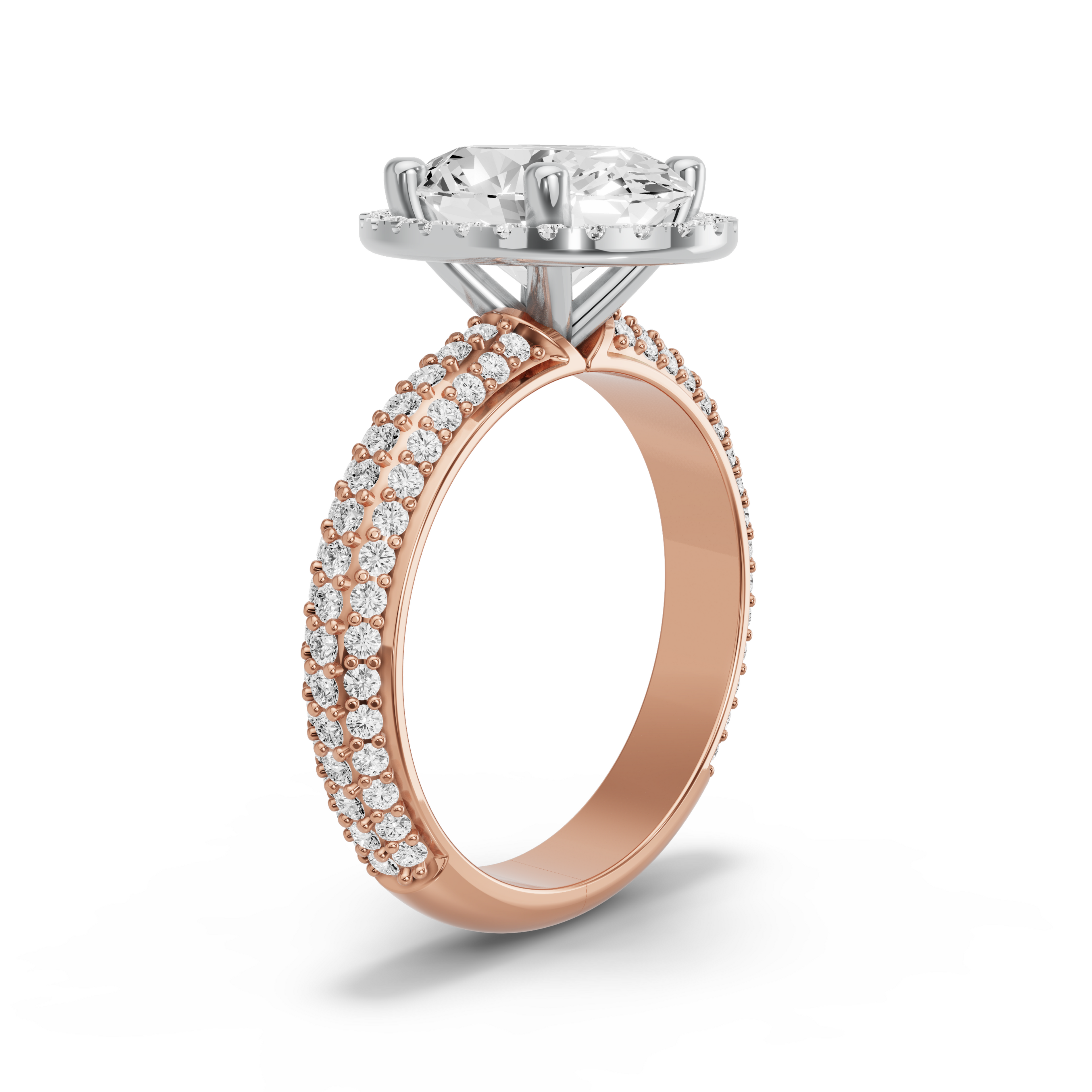 Image for Oval Pave Halo Ring with Triple Row Pave band in 14K Two Tone Rose Gold