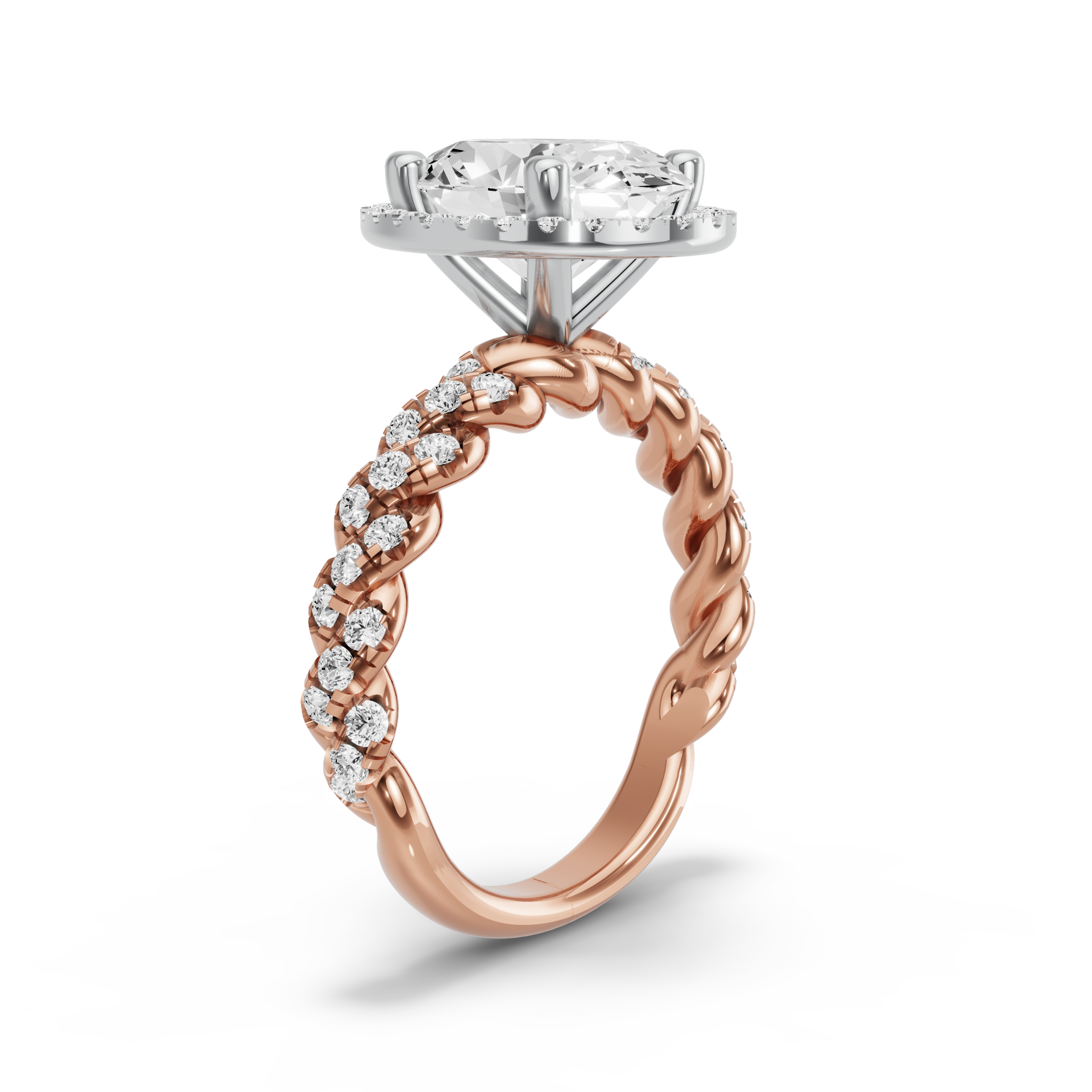 Image for Oval Pave Halo Ring with Twist Pave band in 14K Two Tone Rose Gold