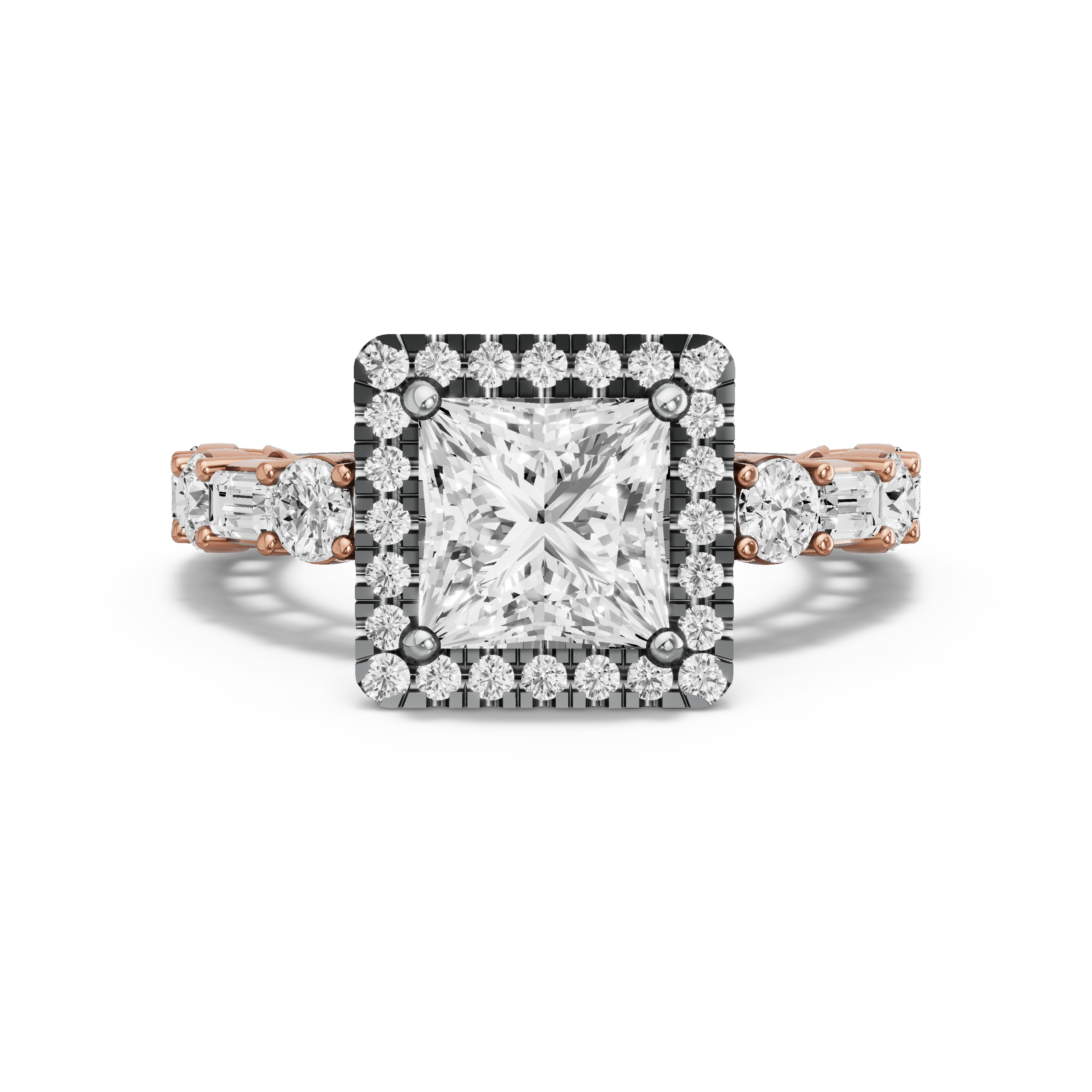 Image for Princess Pave Halo Ring with Alternating Baguette band in 18K Two Tone Rose Gold