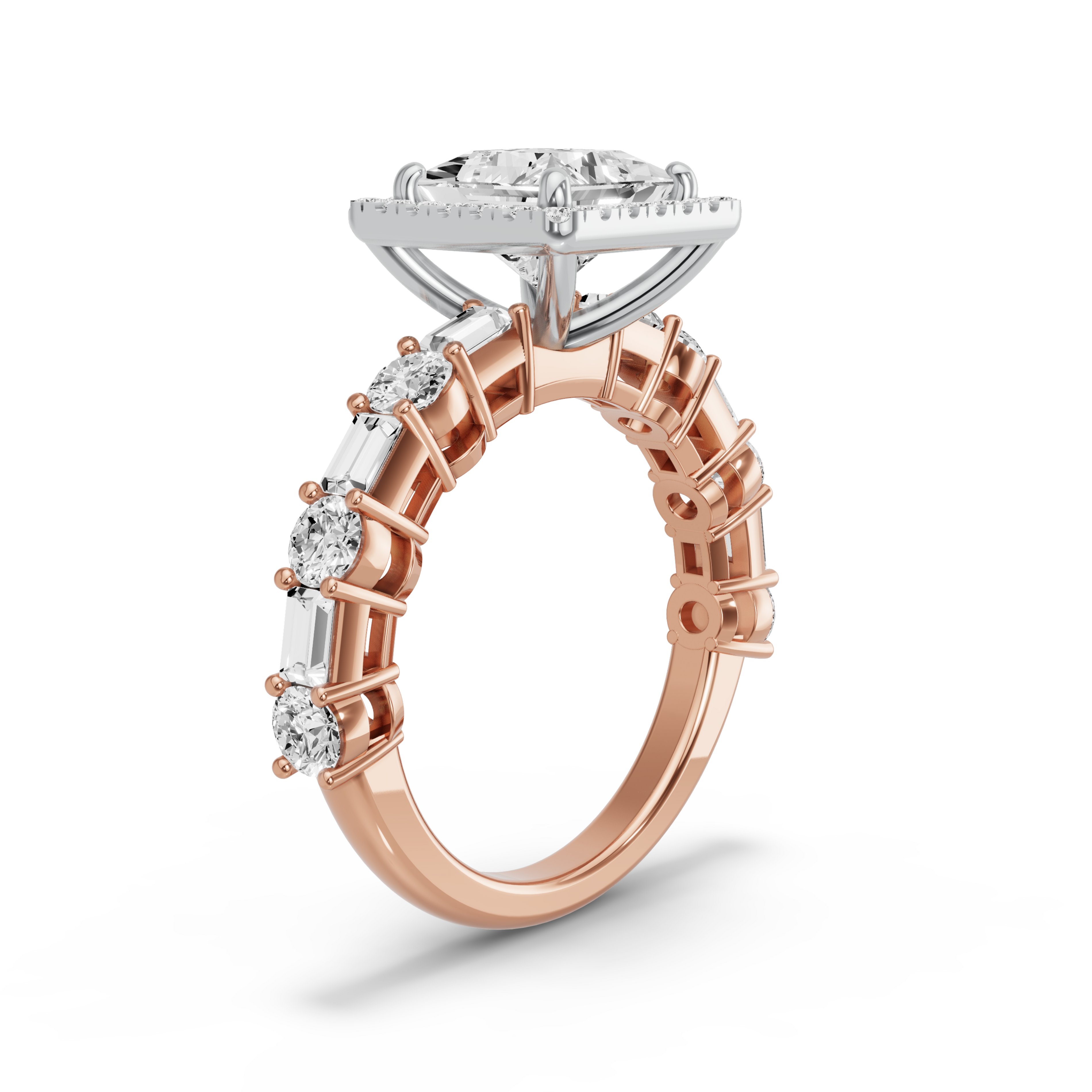 Image for Princess Pave Halo Ring with Alternating Baguette band in 10K Two Tone Yellow Gold