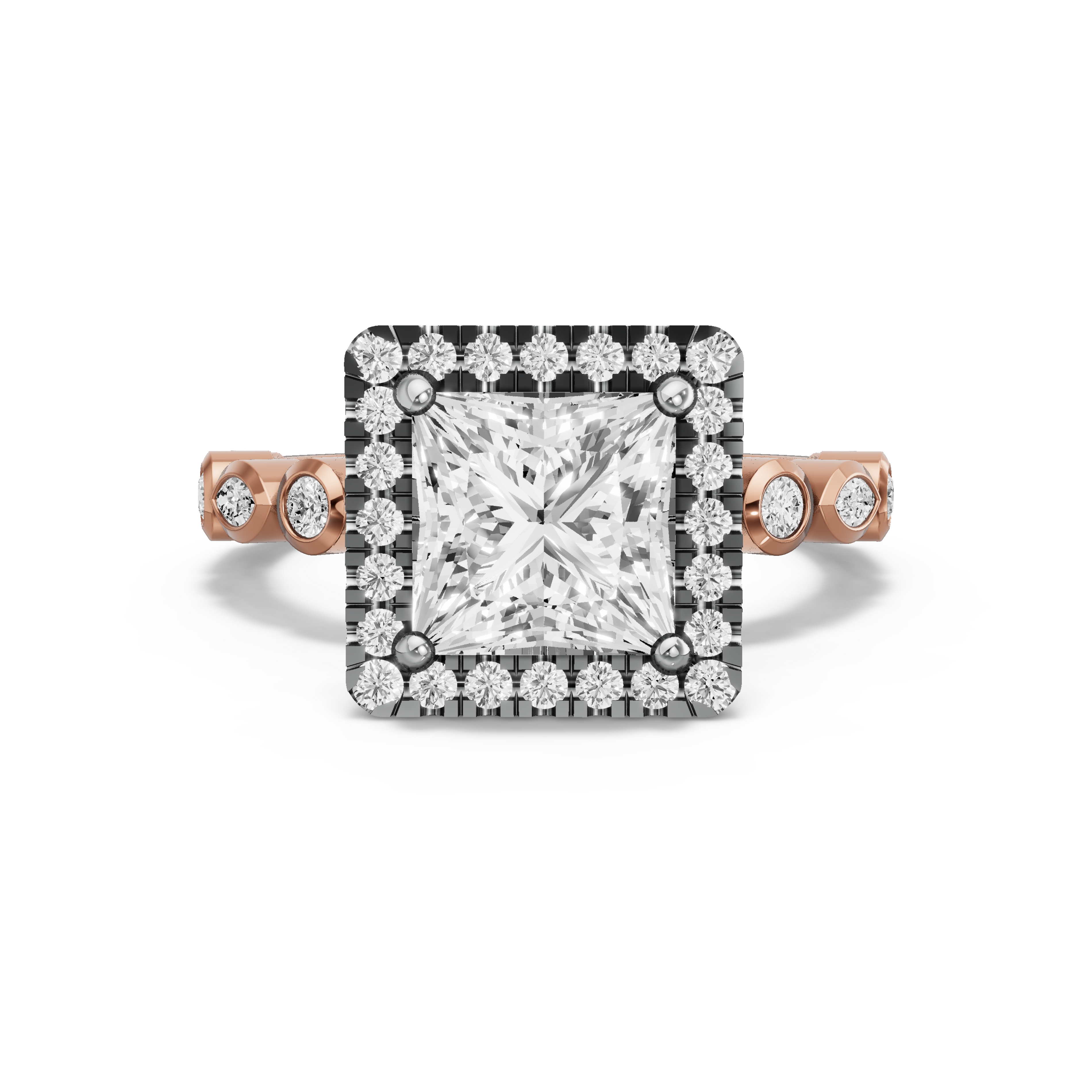 Image for Princess Pave Halo Ring with Alternating Marquise band in 10K Two Tone Rose Gold