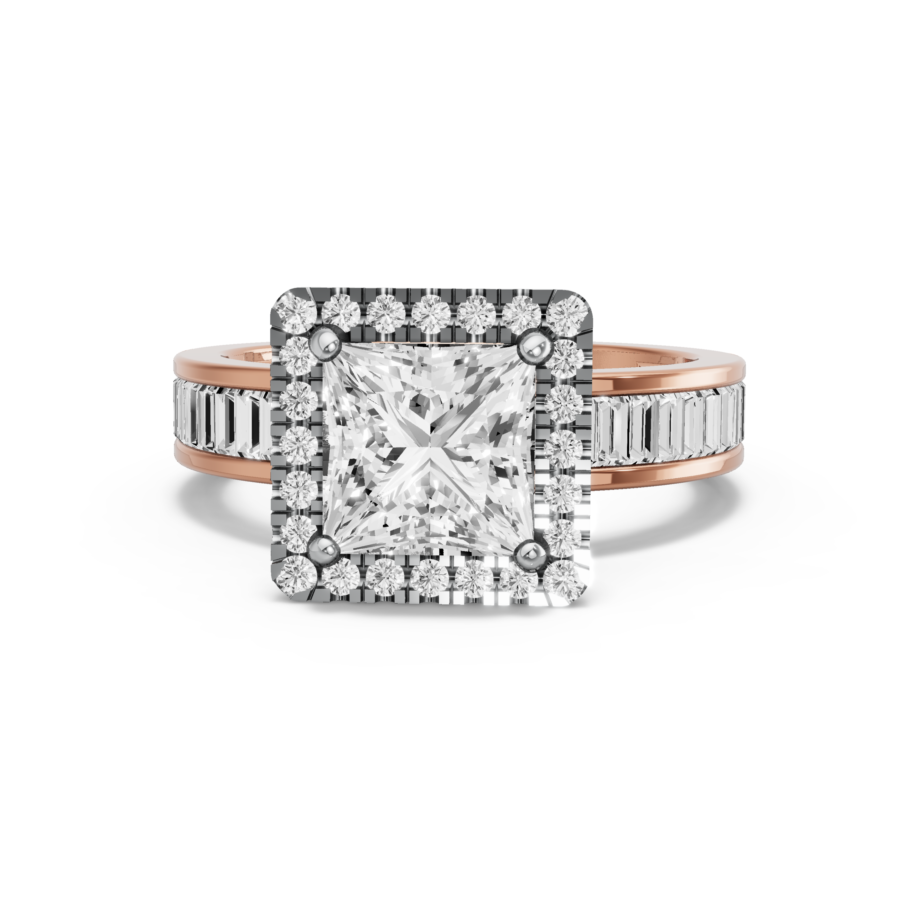 Image for Princess Pave Halo Ring with Baguette Channel band in 18K Two Tone Rose Gold