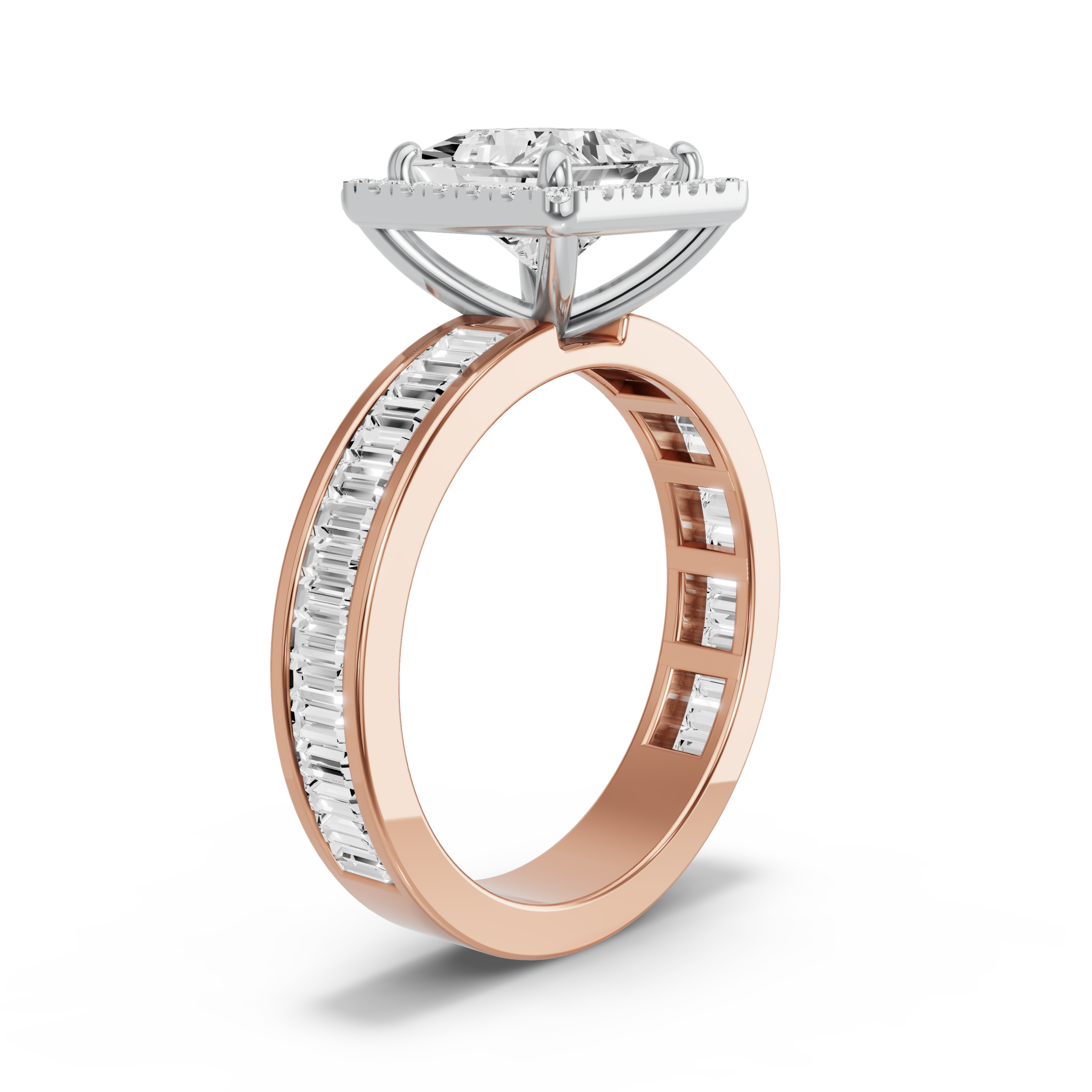 Image for Princess Pave Halo Ring with Baguette Channel band in 14K Two Tone Yellow Gold