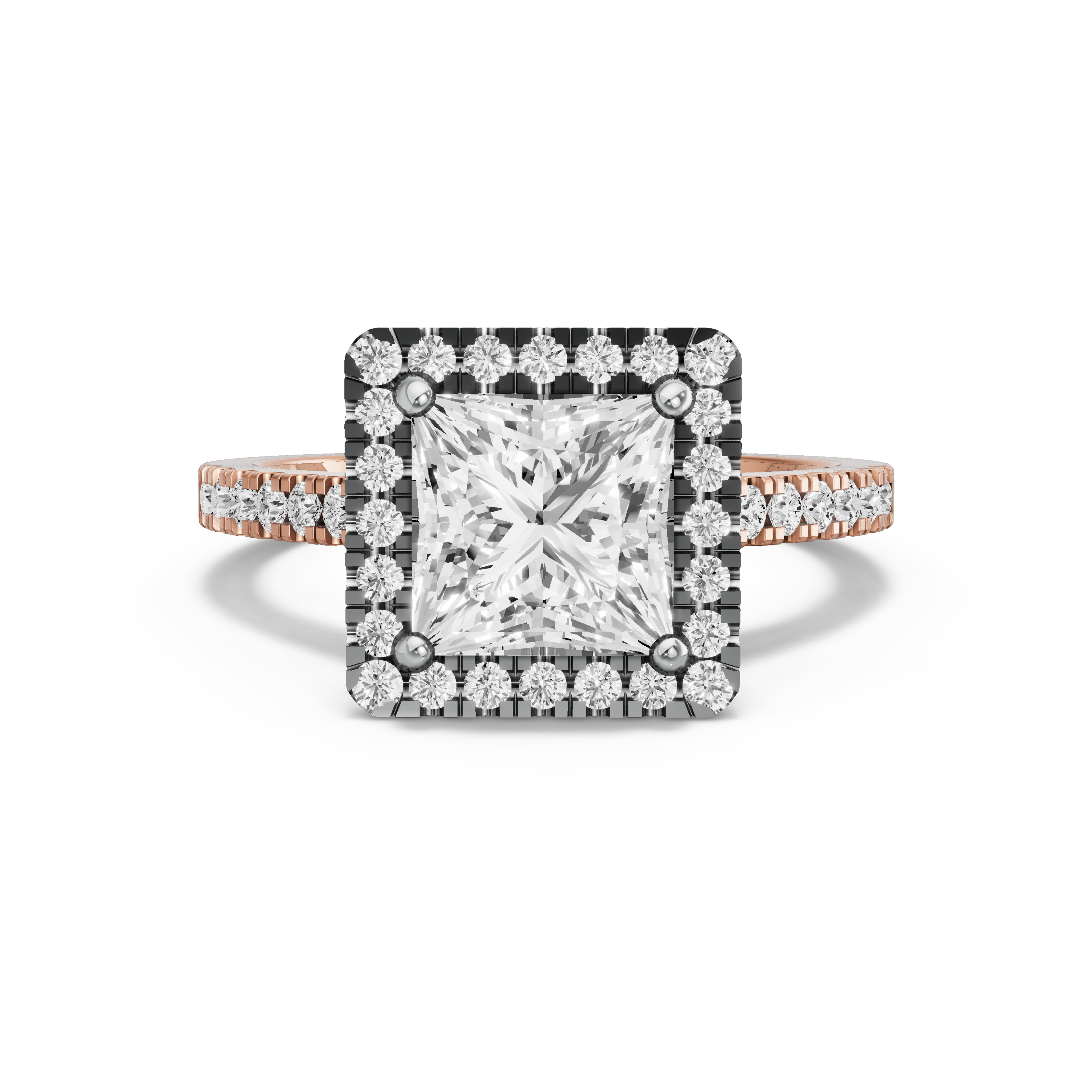 Image for Princess Pave Halo Ring with Cathedral Pave band in 18K Two Tone Rose Gold