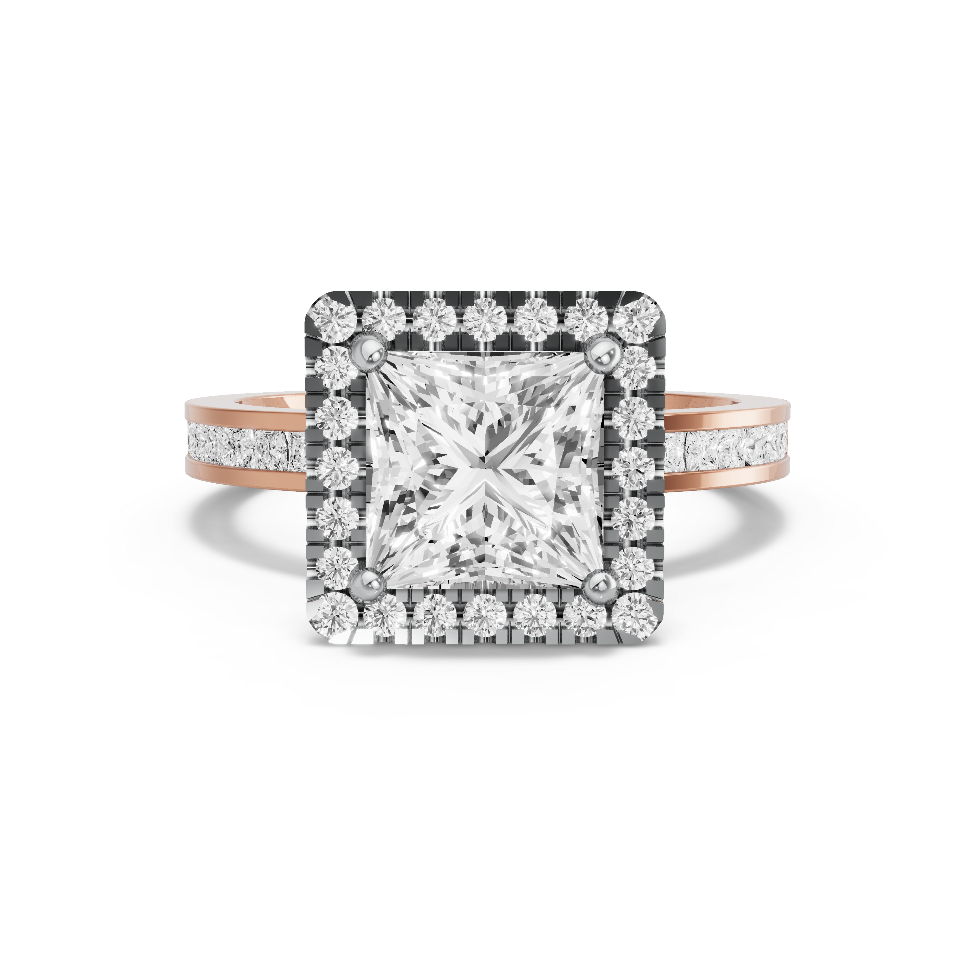 Image for Princess Pave Halo Ring with Channel band in 14K Two Tone Rose Gold