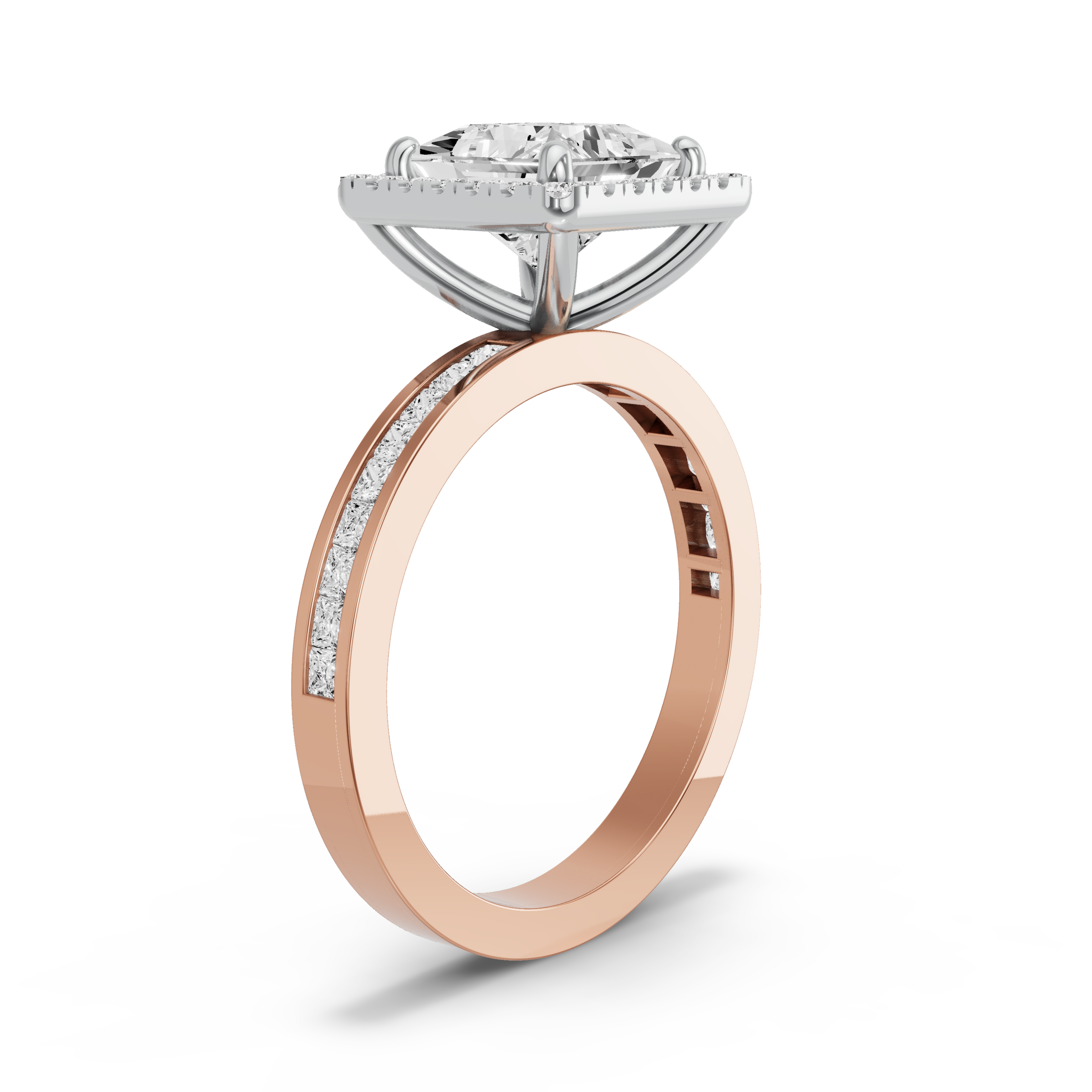 Image for Princess Pave Halo Ring with Channel band in 10K Two Tone Rose Gold