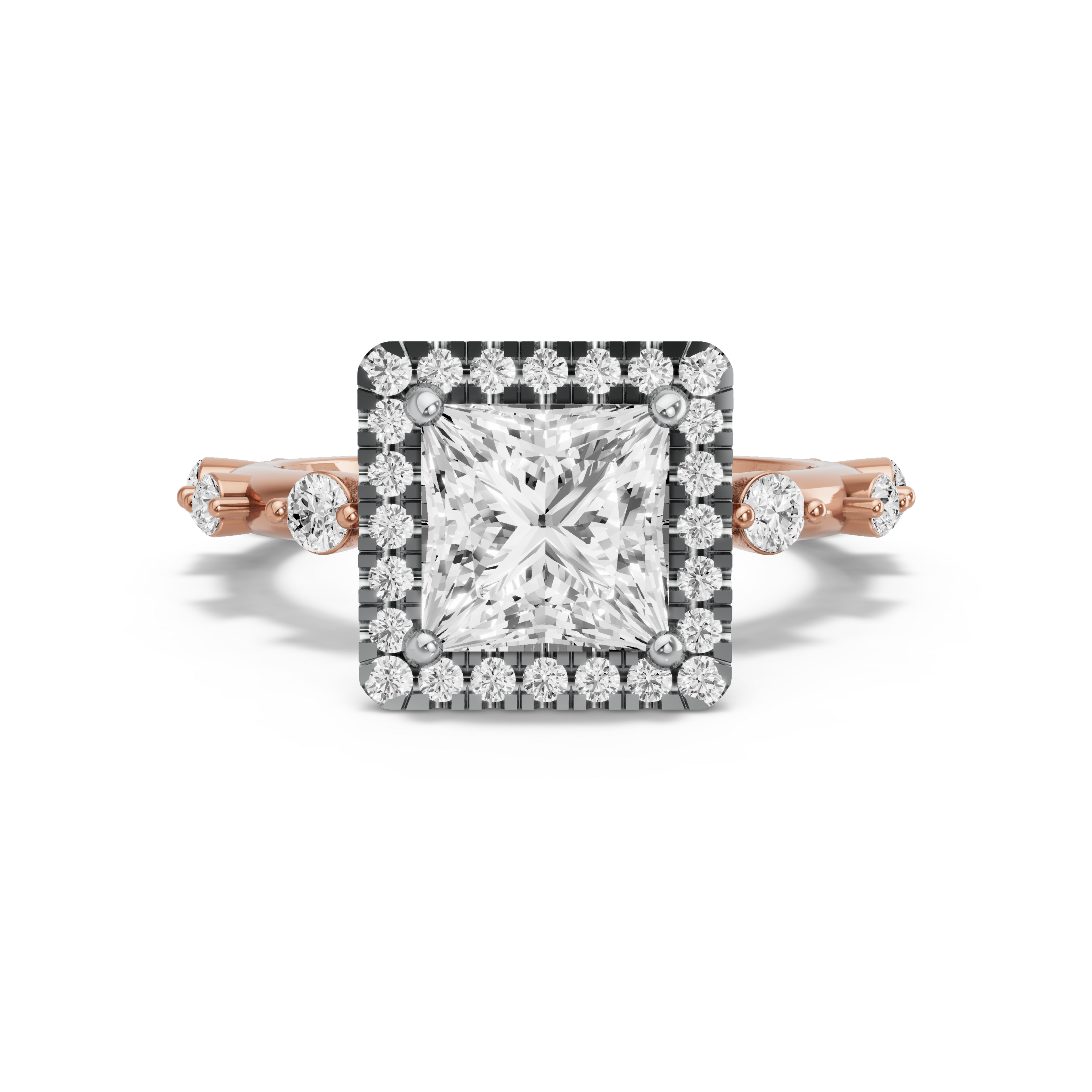 Image for Princess Pave Halo Ring with Floating Station band in 18K Two Tone Rose Gold