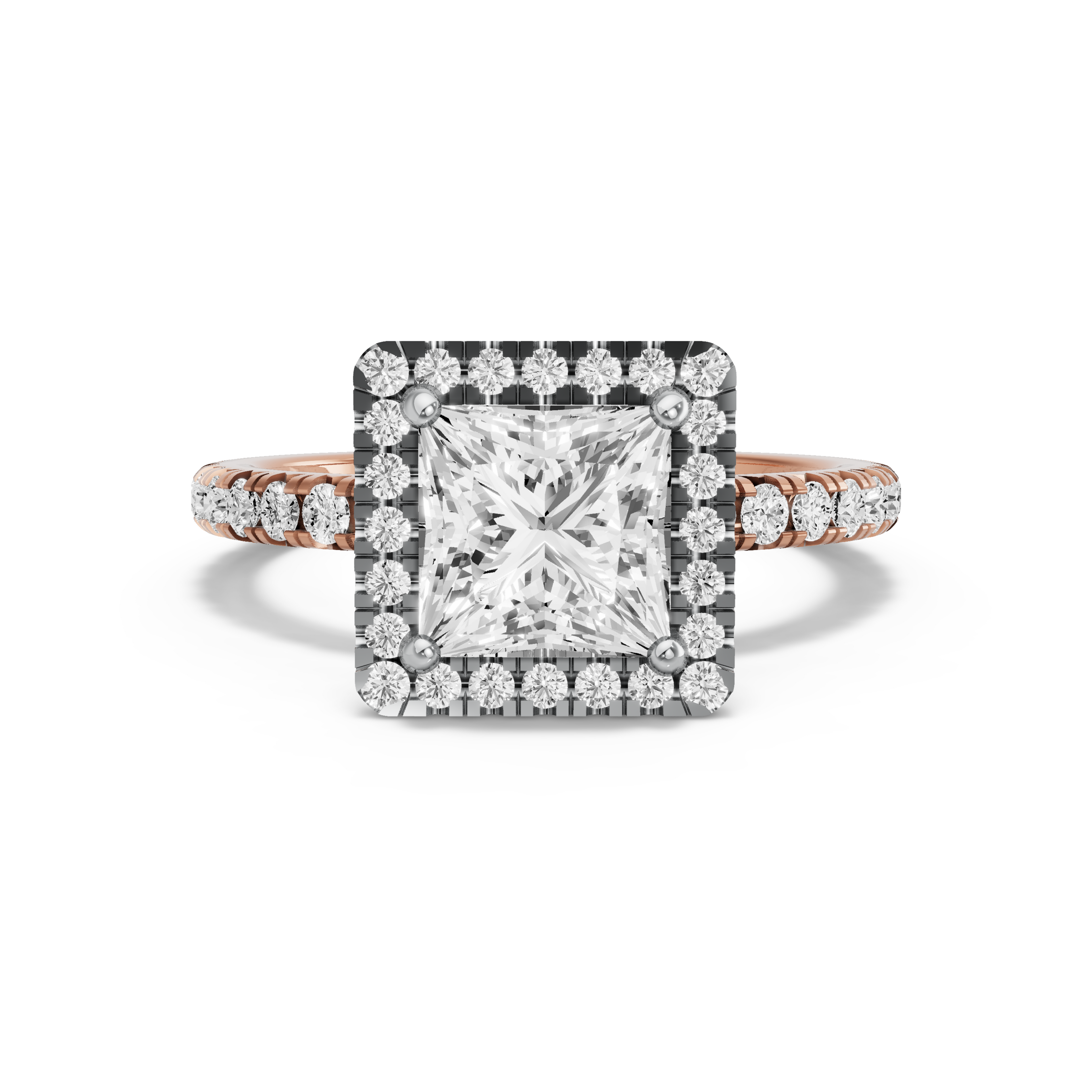 Image for Princess Pave Halo Ring with French Pave band in 10K Two Tone Rose Gold