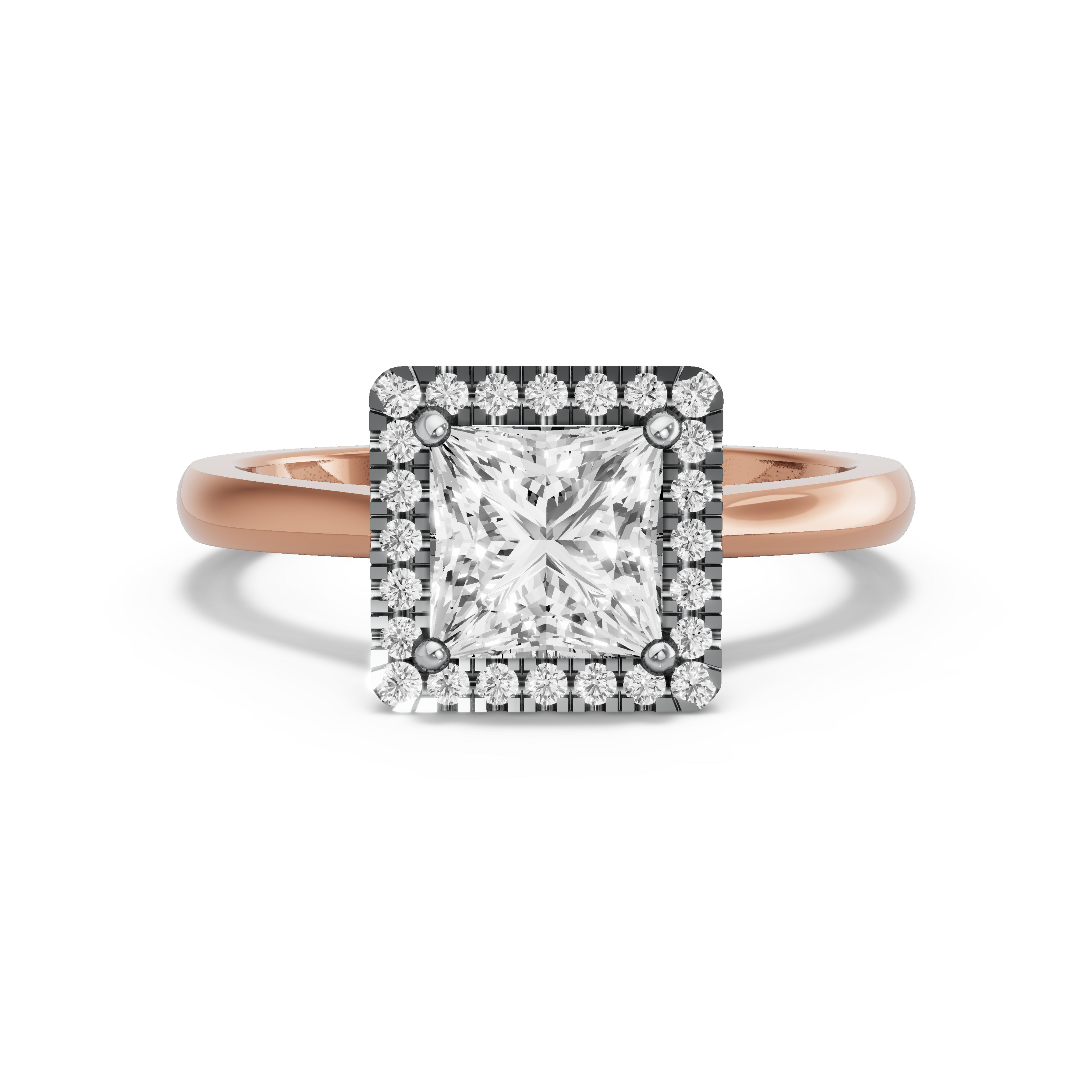 Image for Princess Pave Halo Ring with Knife Edge Cathedral band in 18K Two Tone Rose Gold