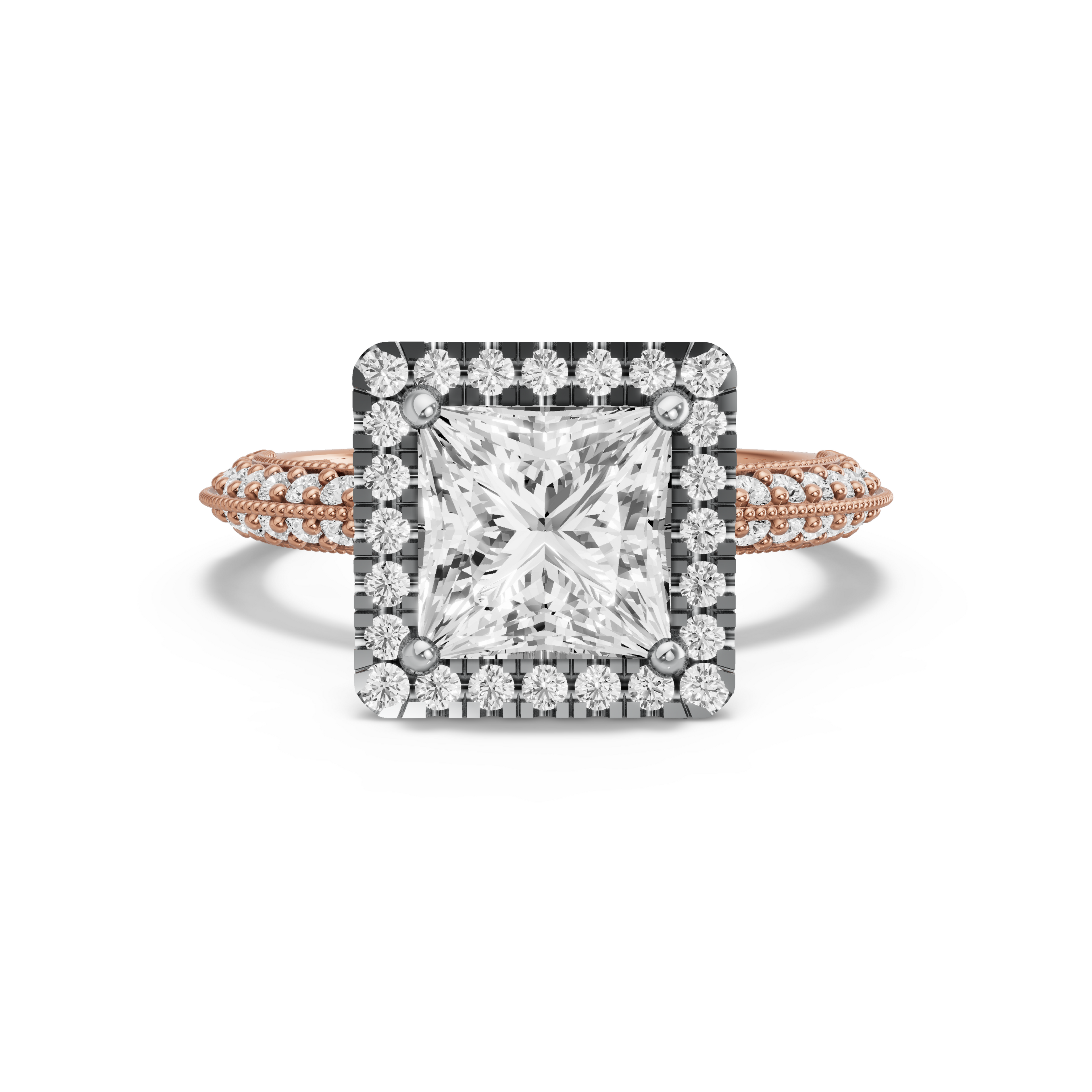 Image for Princess Pave Halo Ring with Knife Edge Pave band in 18K Two Tone Rose Gold