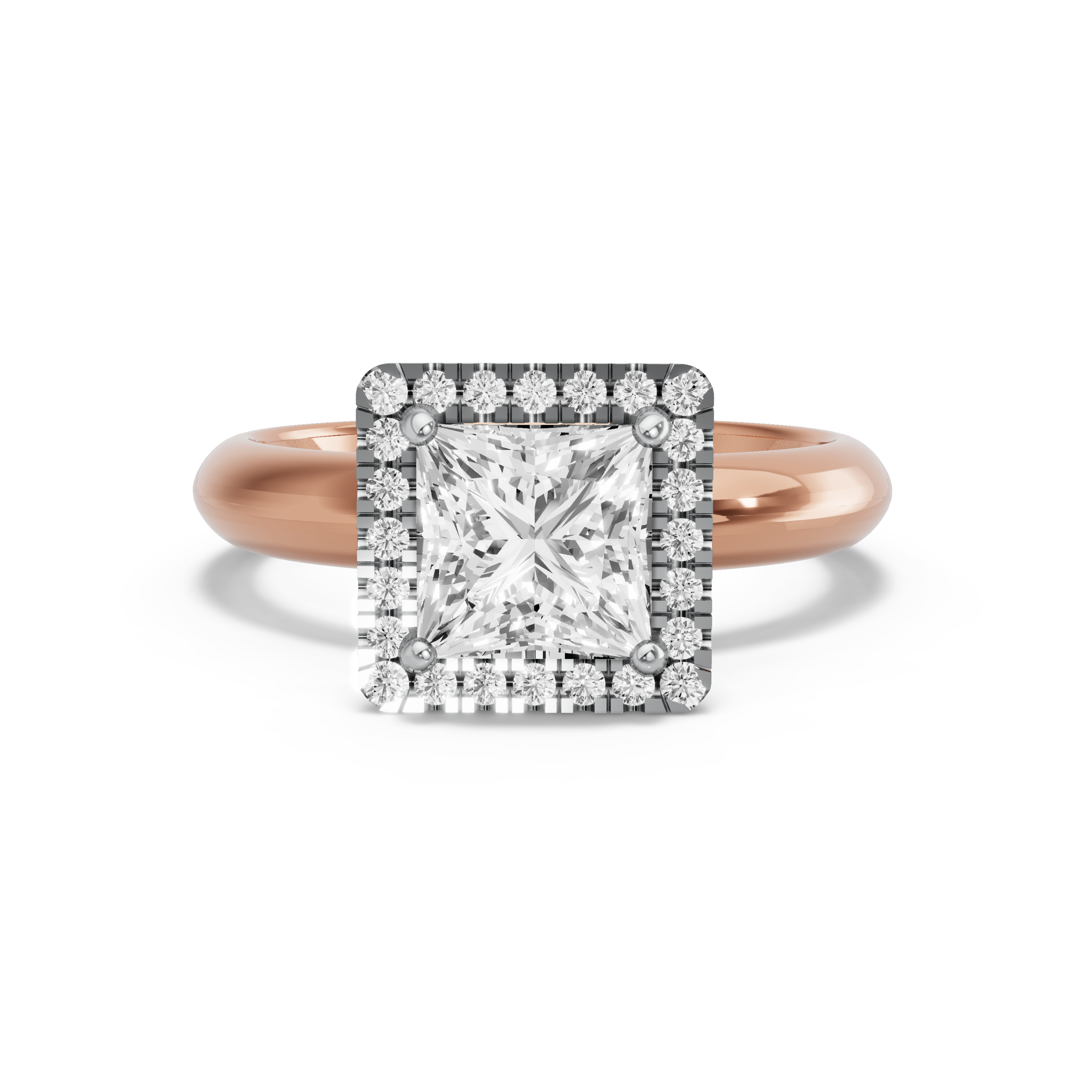 Image for Princess Pave Halo Ring with Knife Edge Solitaire band in 18K Two Tone Rose Gold