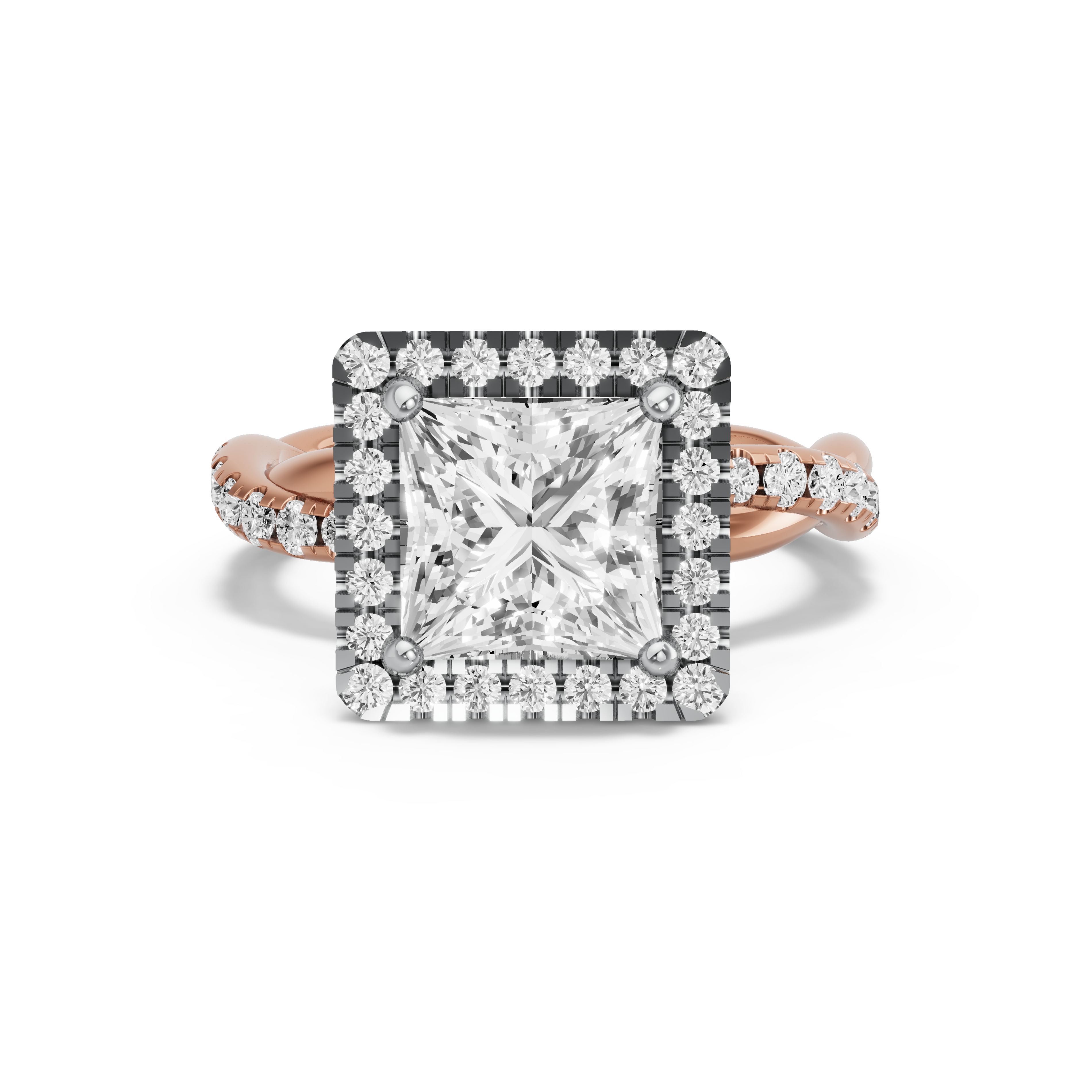Image for Princess Pave Halo Ring with Rope Pave band in 14K Two Tone Rose Gold