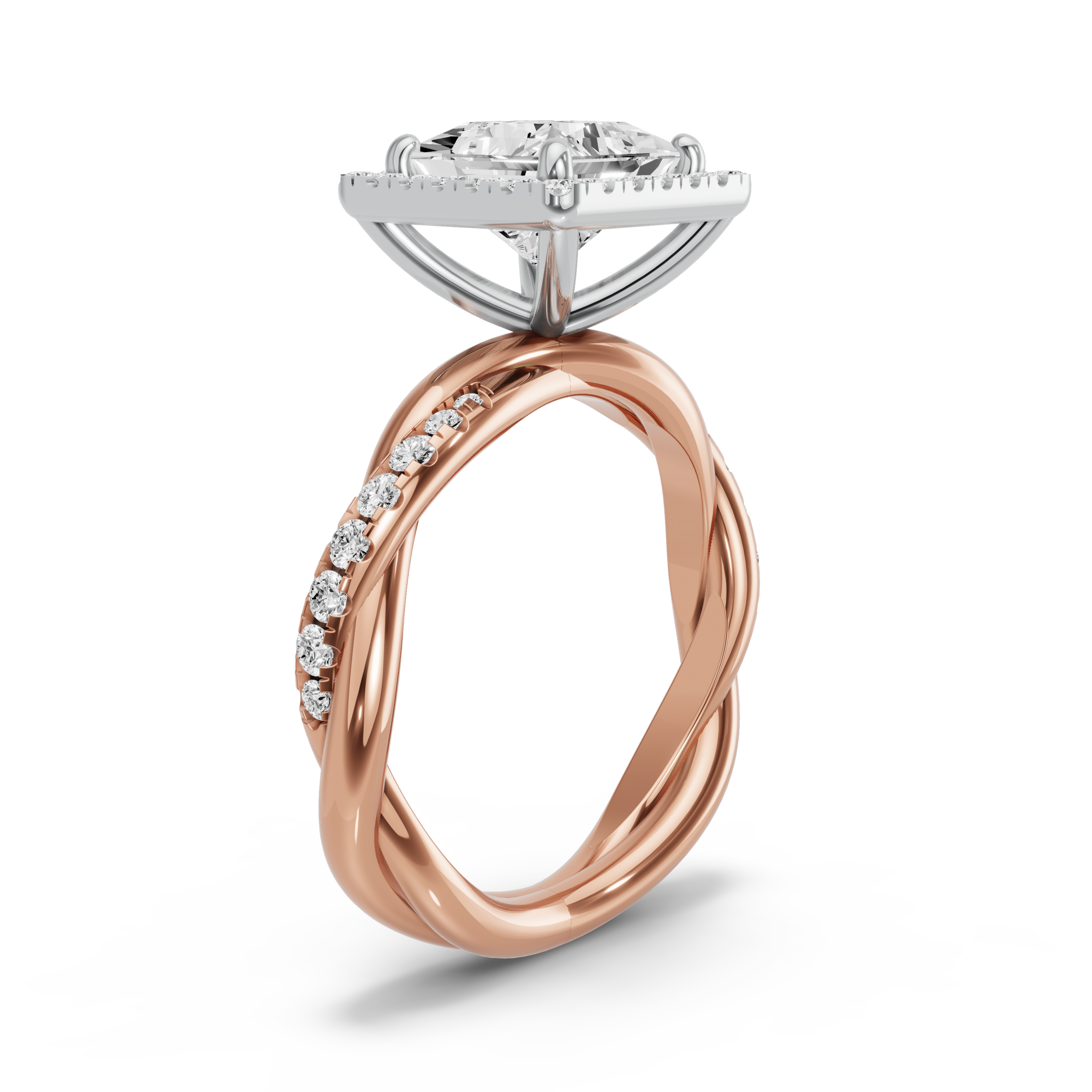 Image for Princess Pave Halo Ring with Rope Pave band in 14K Two Tone Rose Gold
