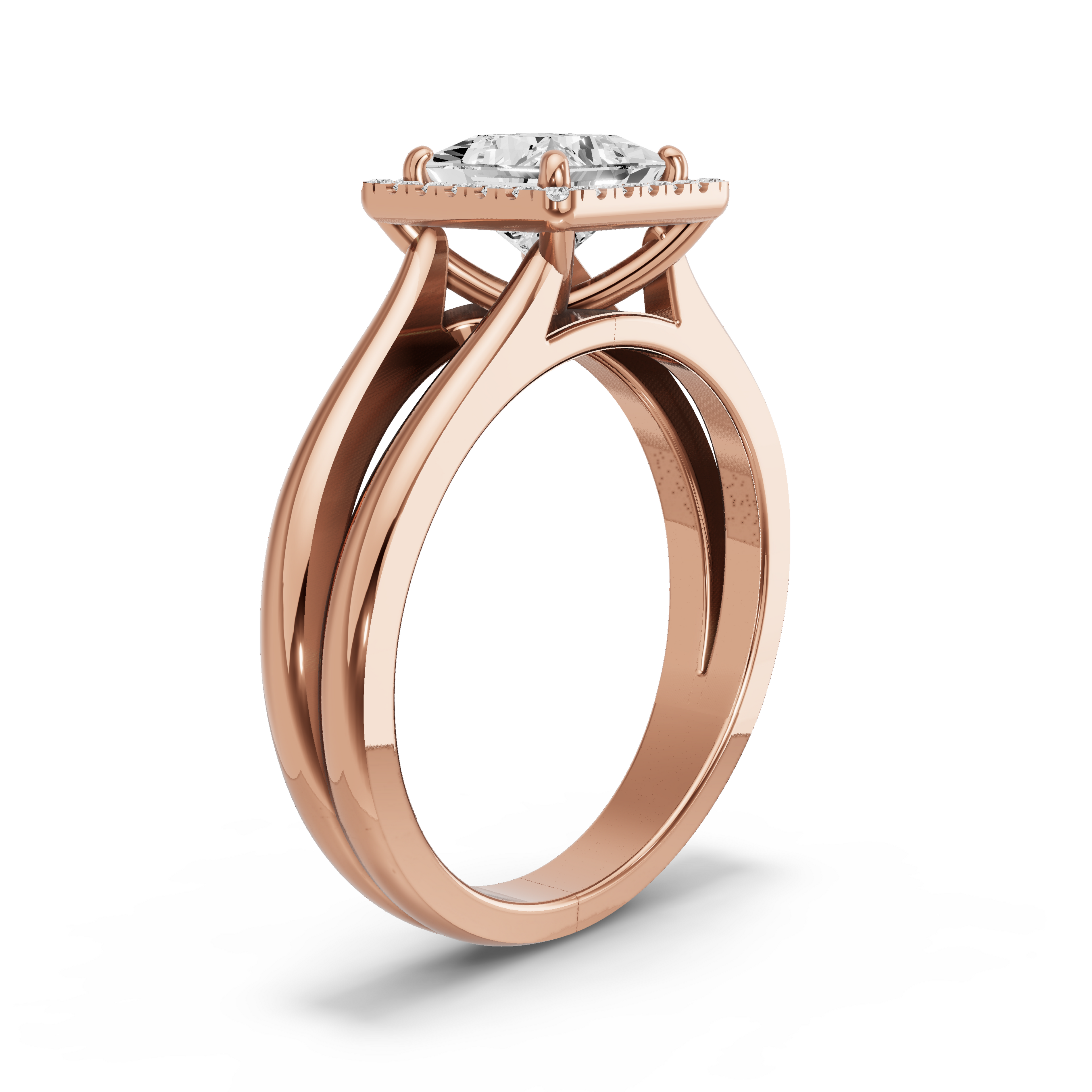 Image for Princess Pave Halo Ring with Split Ring Solitaire band in 10K Yellow Gold