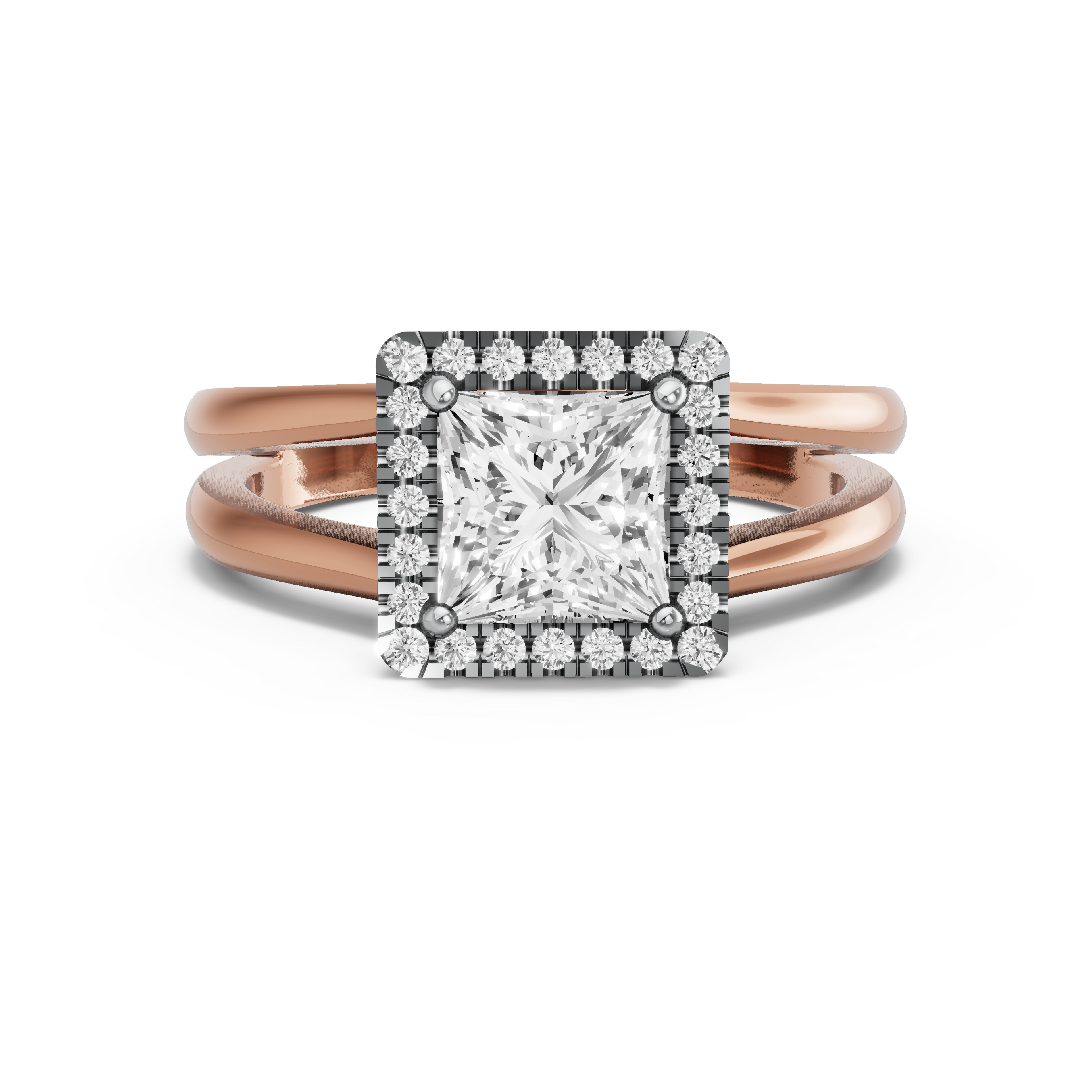 Image for Princess Pave Halo Ring with Split Ring Solitaire band in 18K Two Tone Rose Gold