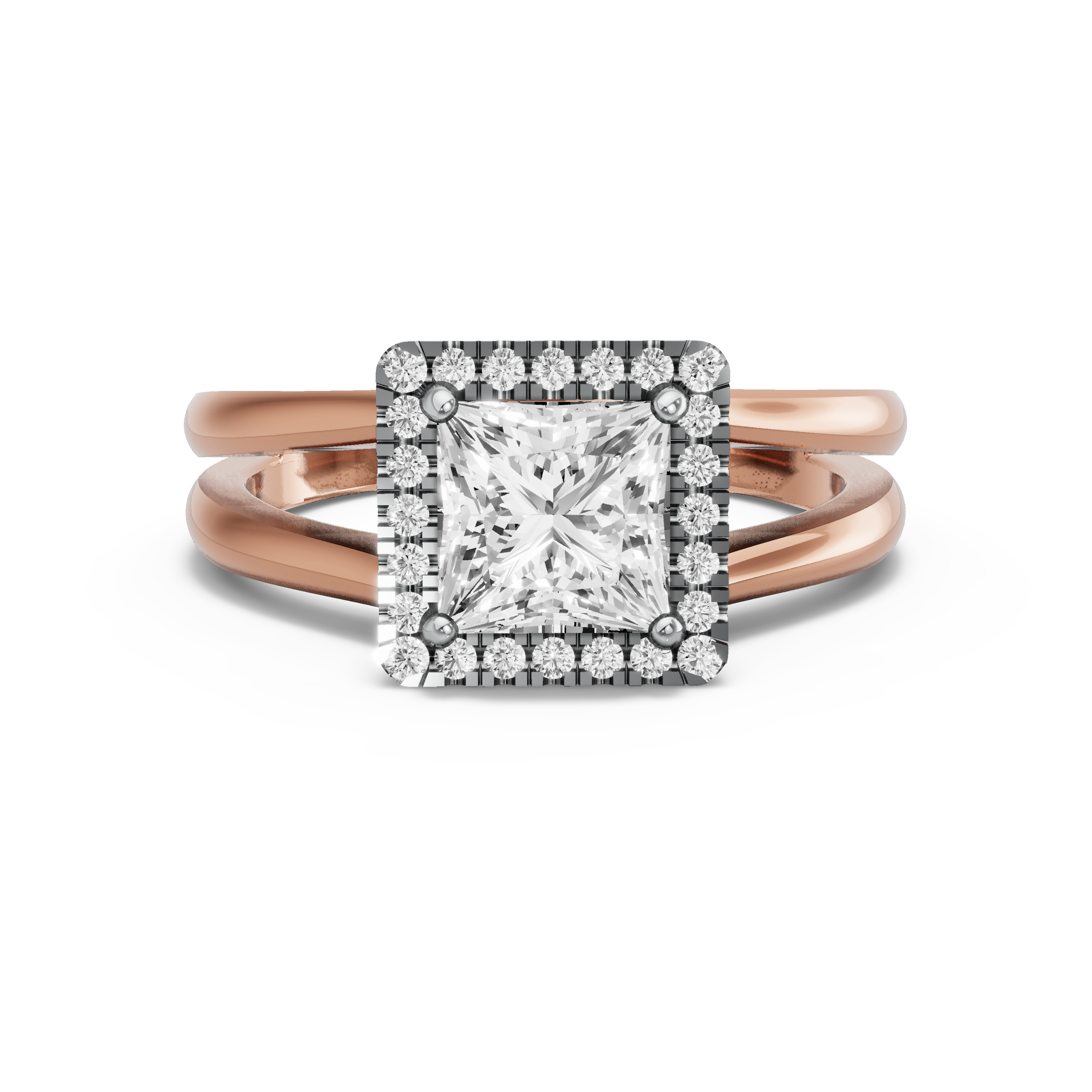 Image for Princess Pave Halo Ring with Split Ring Solitaire band in 14K Two Tone Yellow Gold